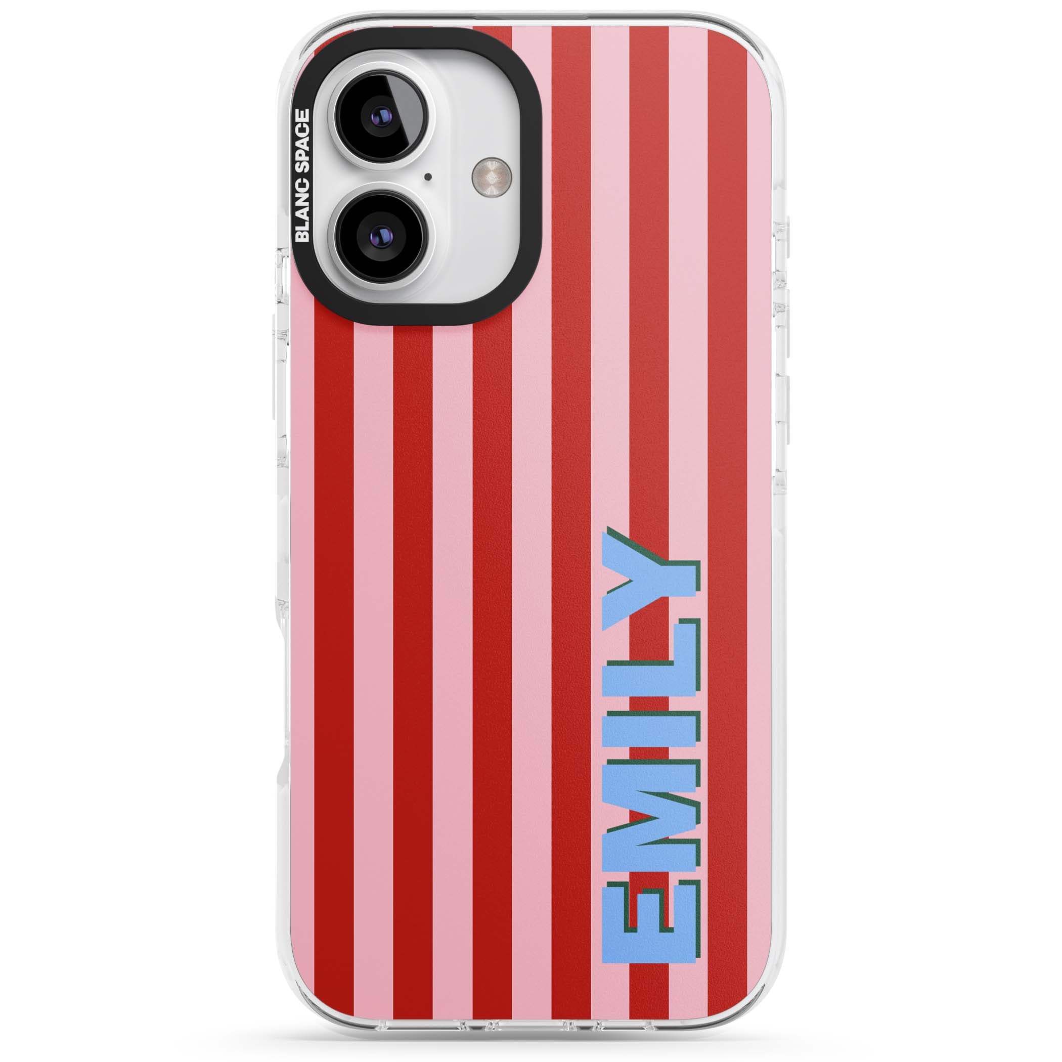 Market Stripe personalised iPhone case with red and pink vertical stripes and custom blue name | Clear Impact case for iPhone 16, iPhone 16 Plus