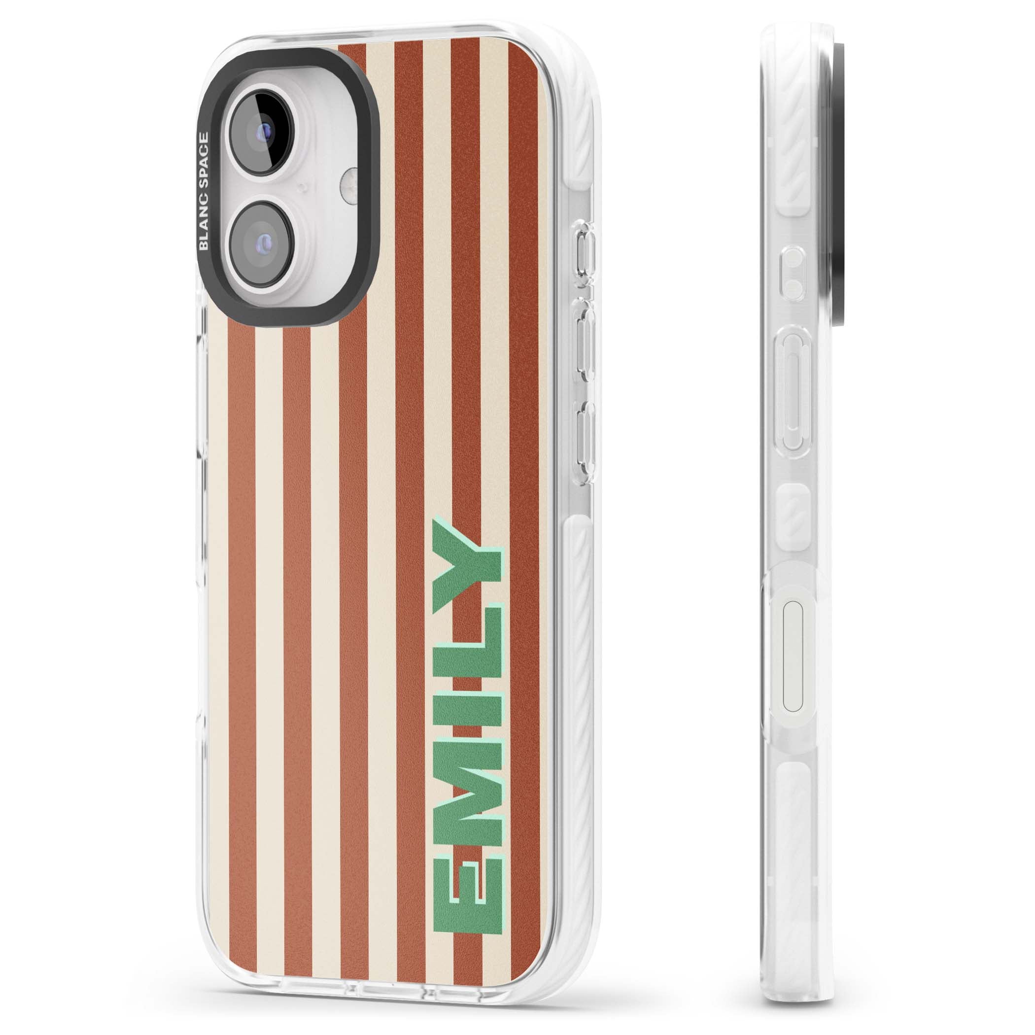 Dune Stripe personalised iPhone case with rust and cream vertical stripes and custom name in mint green | Clear Impact case for iPhone 16, iPhone 16 Plus