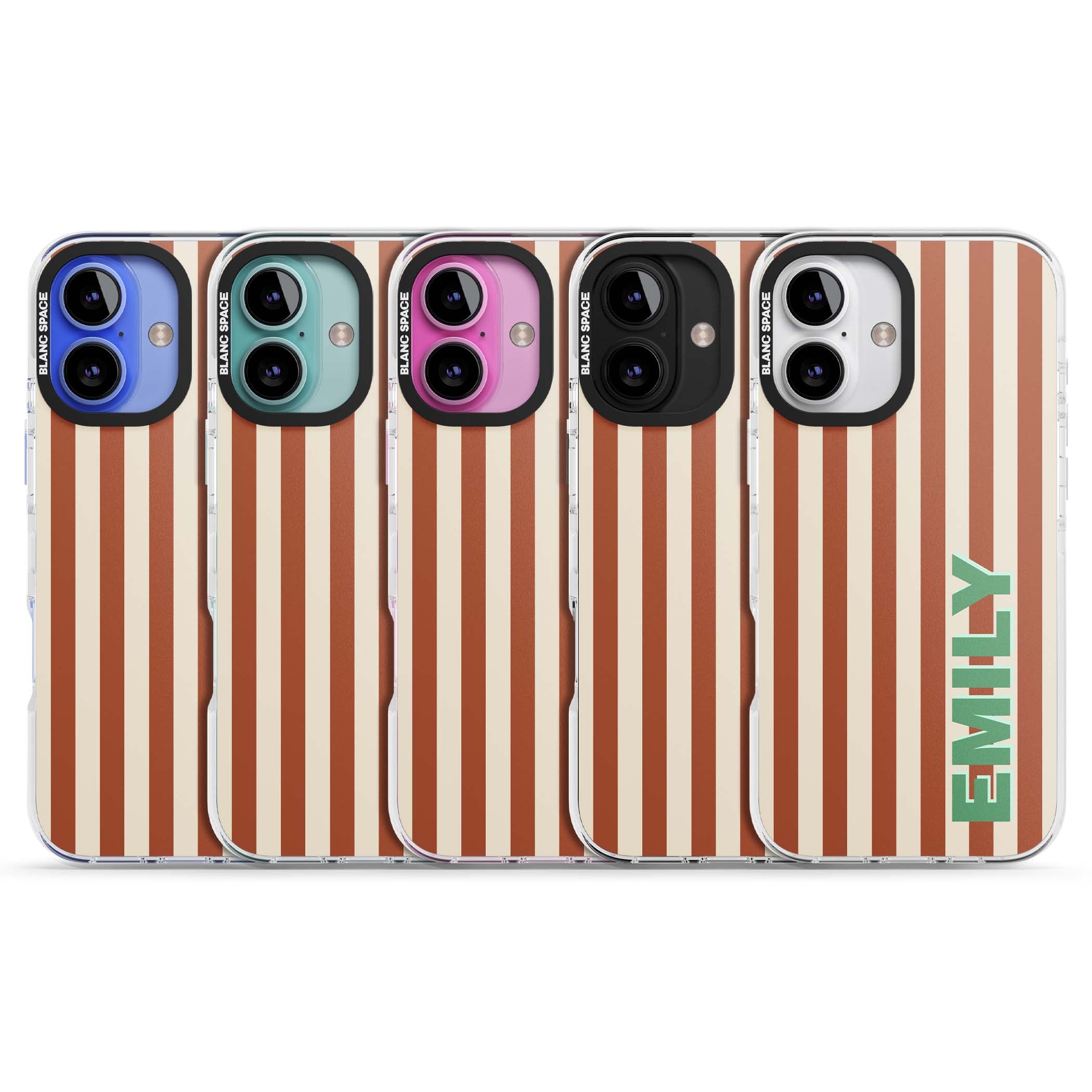Dune Stripe personalised iPhone case with rust and cream vertical stripes and custom name in mint green | Clear Impact case for iPhone 16, iPhone 16 Plus