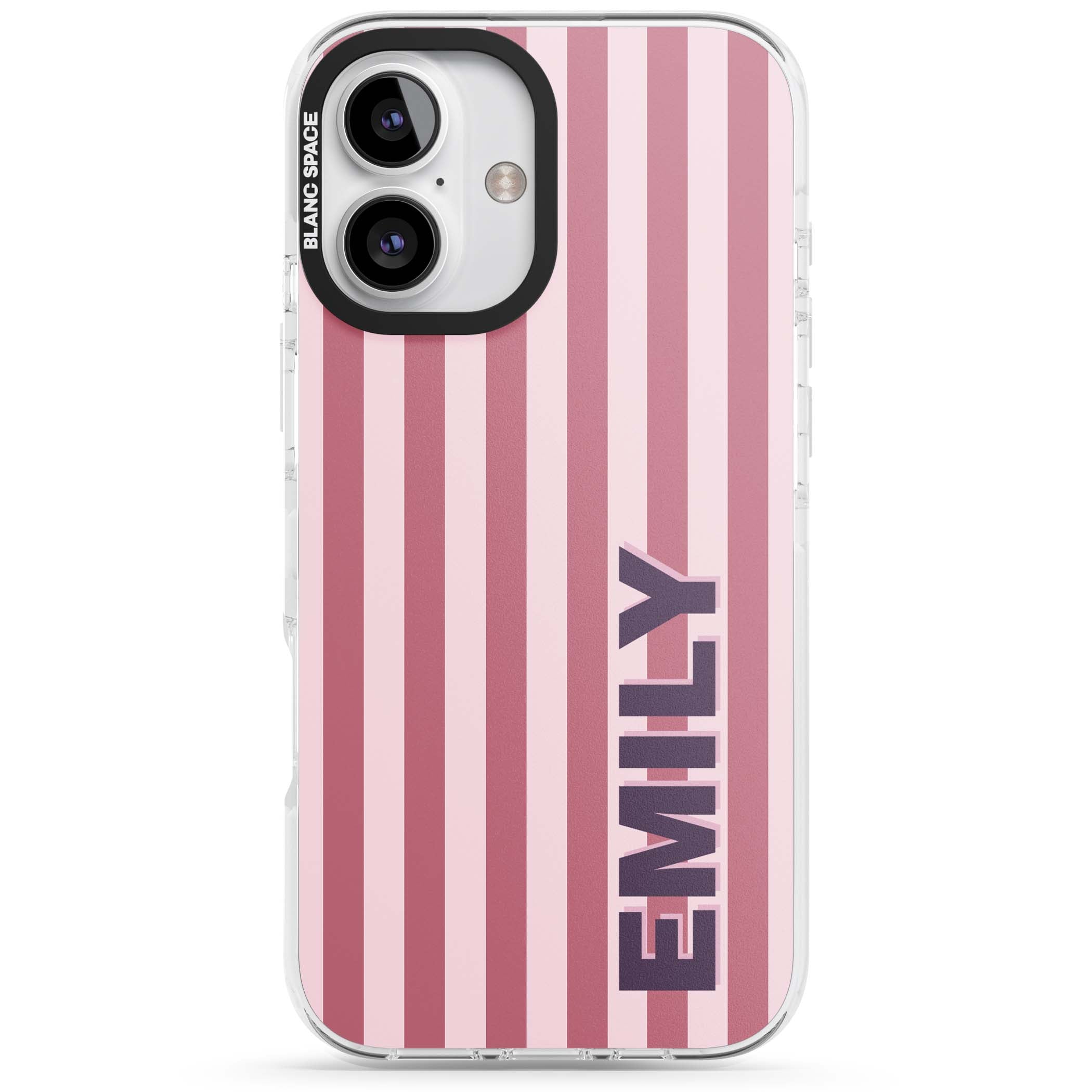 Victoria Stripe personalised iPhone case featuring pink vertical stripes and custom name in bold plum lettering | Clear Impact case for iPhone 16, iPhone 16 Plus