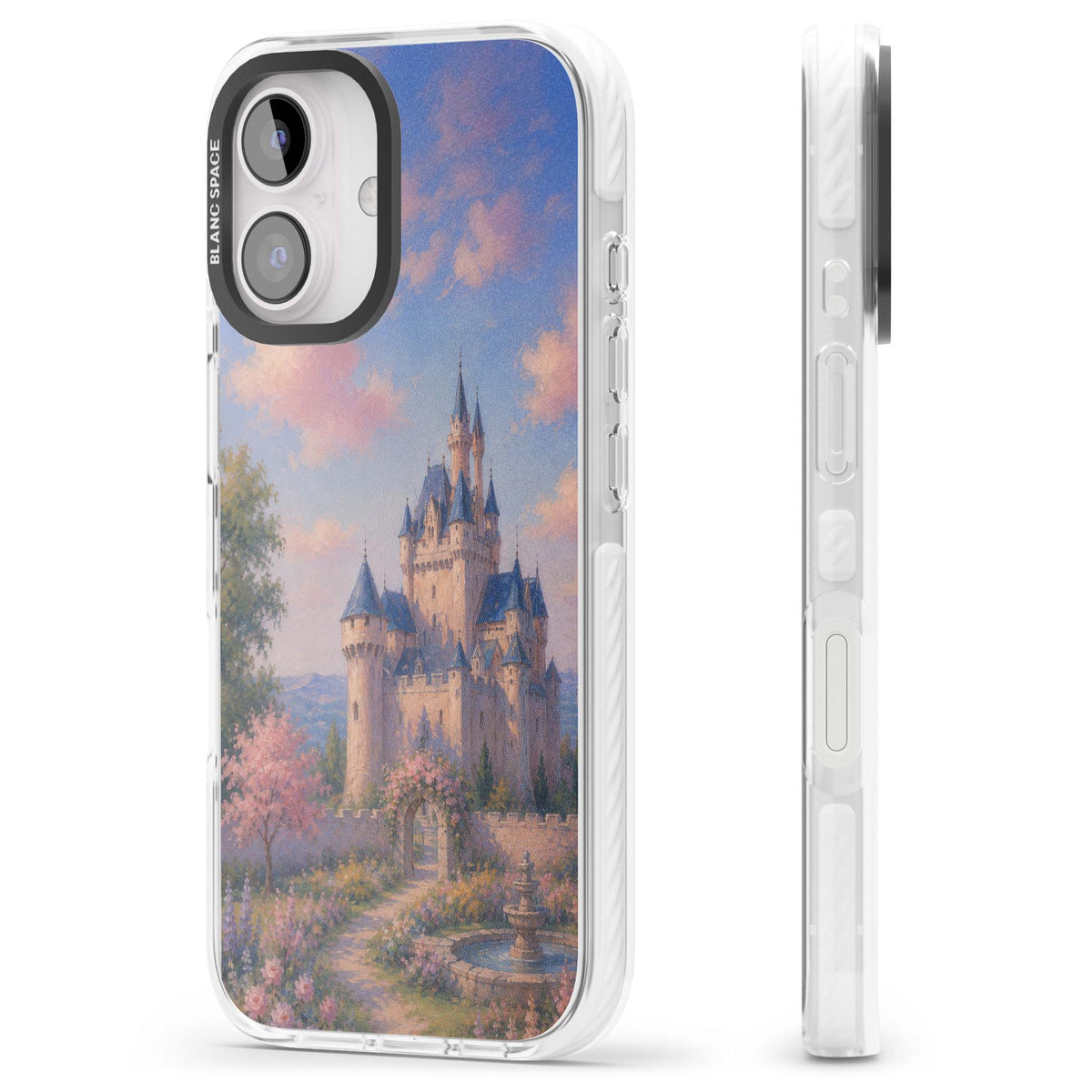 Enchanted Kingdom fairytale iPhone case featuring a romantic castle painting with cherry blossoms and pastel pink sky | Clear Impact case for iPhone 16, iPhone 16 Plus
