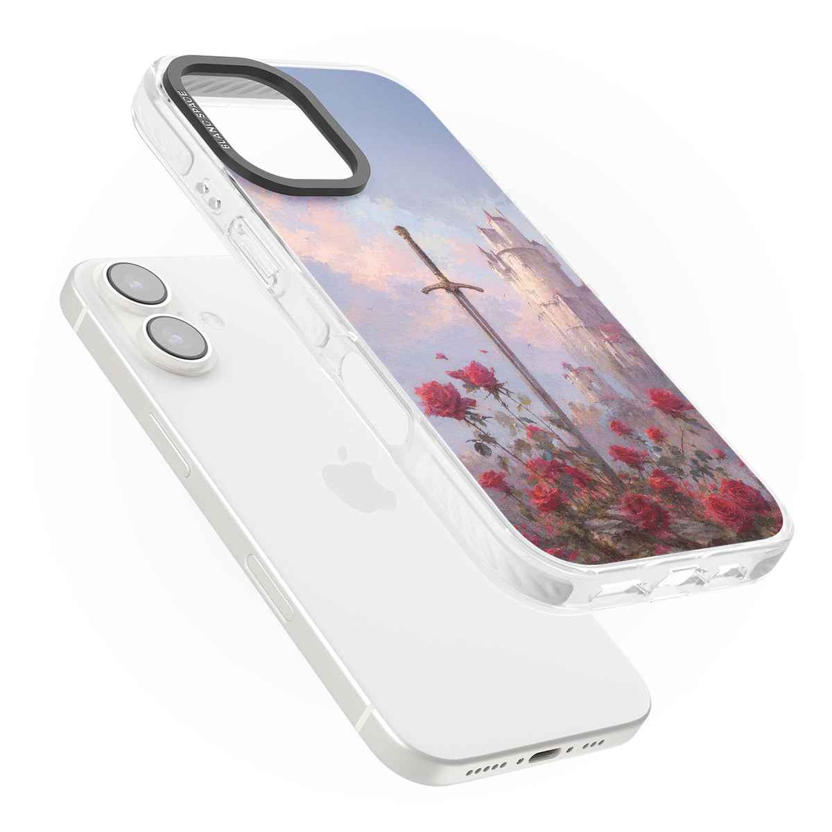 Sword in Roses medieval art iPhone case featuring a sword, red roses, and a misty fairytale castle at sunset | Clear Impact case for iPhone 16, iPhone 16 Plus