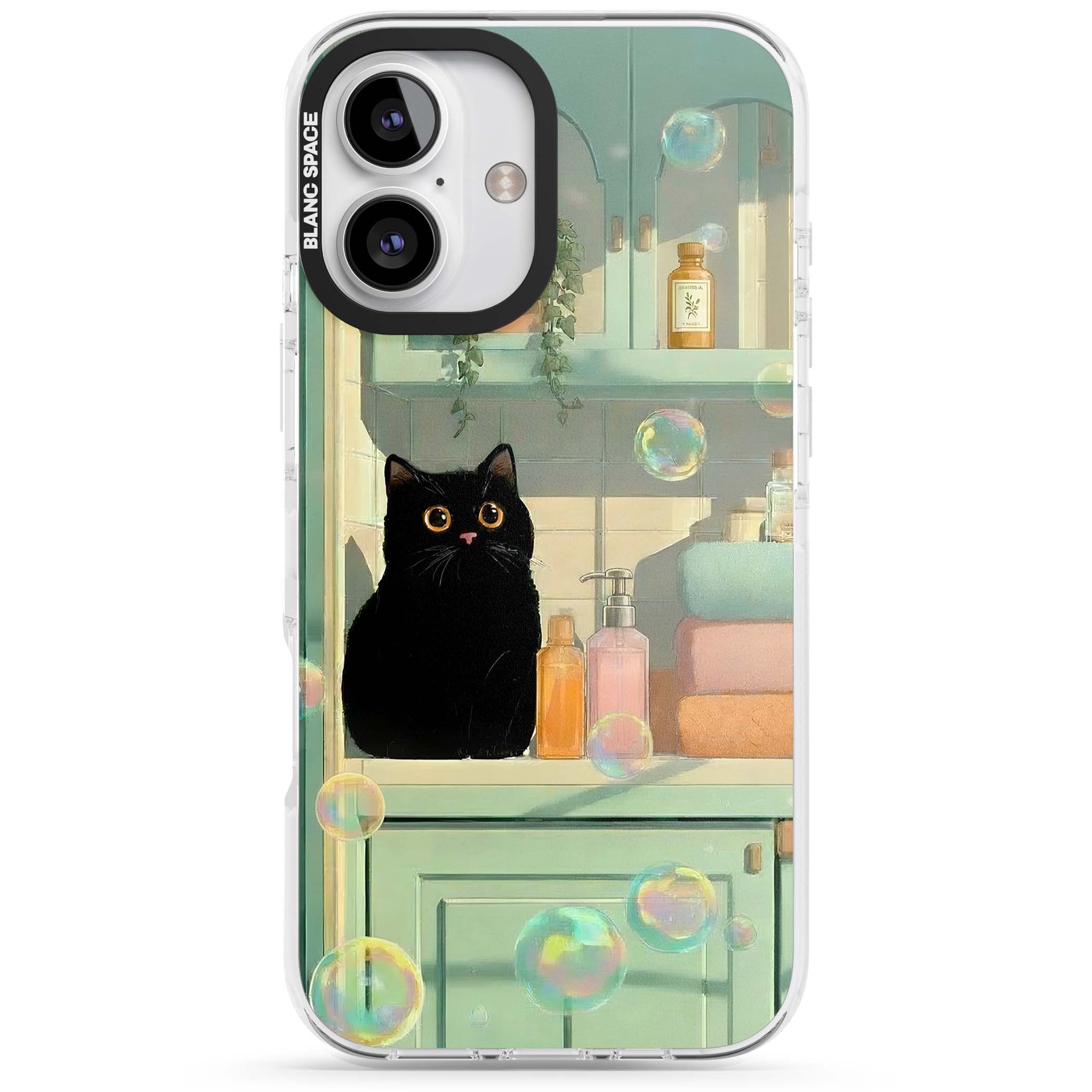 Bathroom Bubble Kitty cottagecore iPhone case featuring a black cat, mint bathroom scene and floating soap bubbles | Clear Impact case for iPhone 16, iPhone 16 Plus