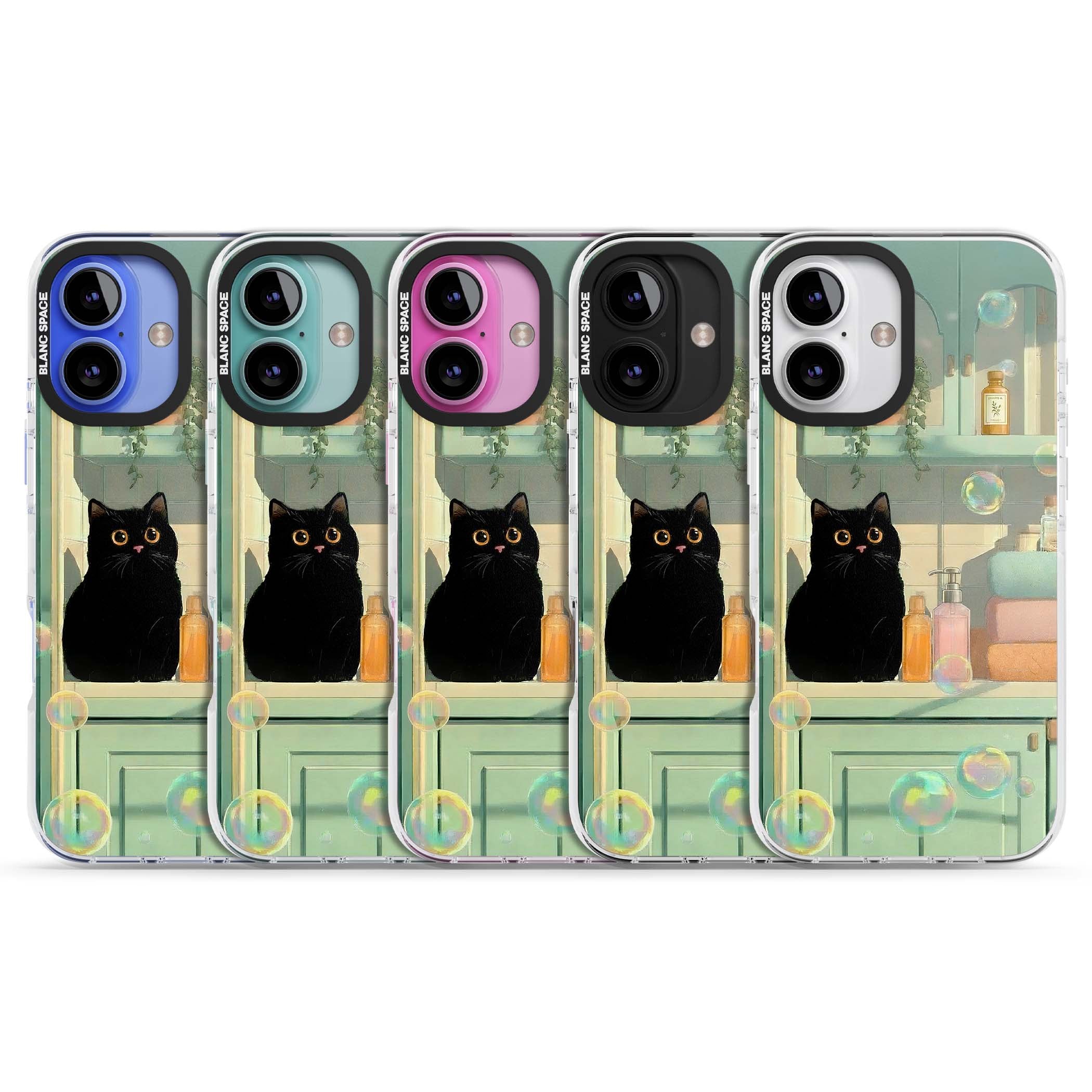 Bathroom Bubble Kitty cottagecore iPhone case featuring a black cat, mint bathroom scene and floating soap bubbles | Clear Impact case for iPhone 16, iPhone 16 Plus