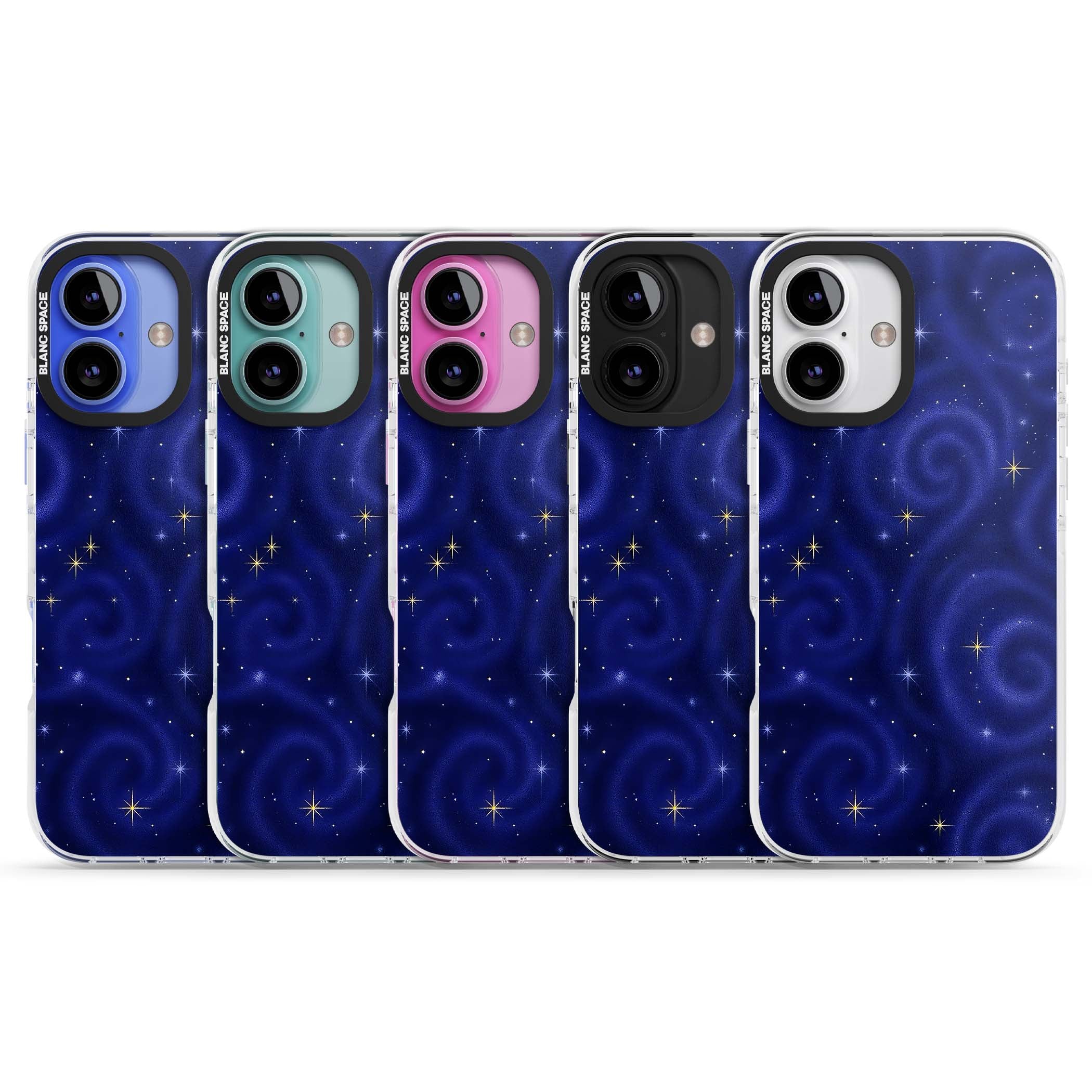 Indigo Cosmos celestial iPhone case featuring swirling navy night sky and sparkling golden stars | Clear Impact case for iPhone 16, iPhone 16 Plus
