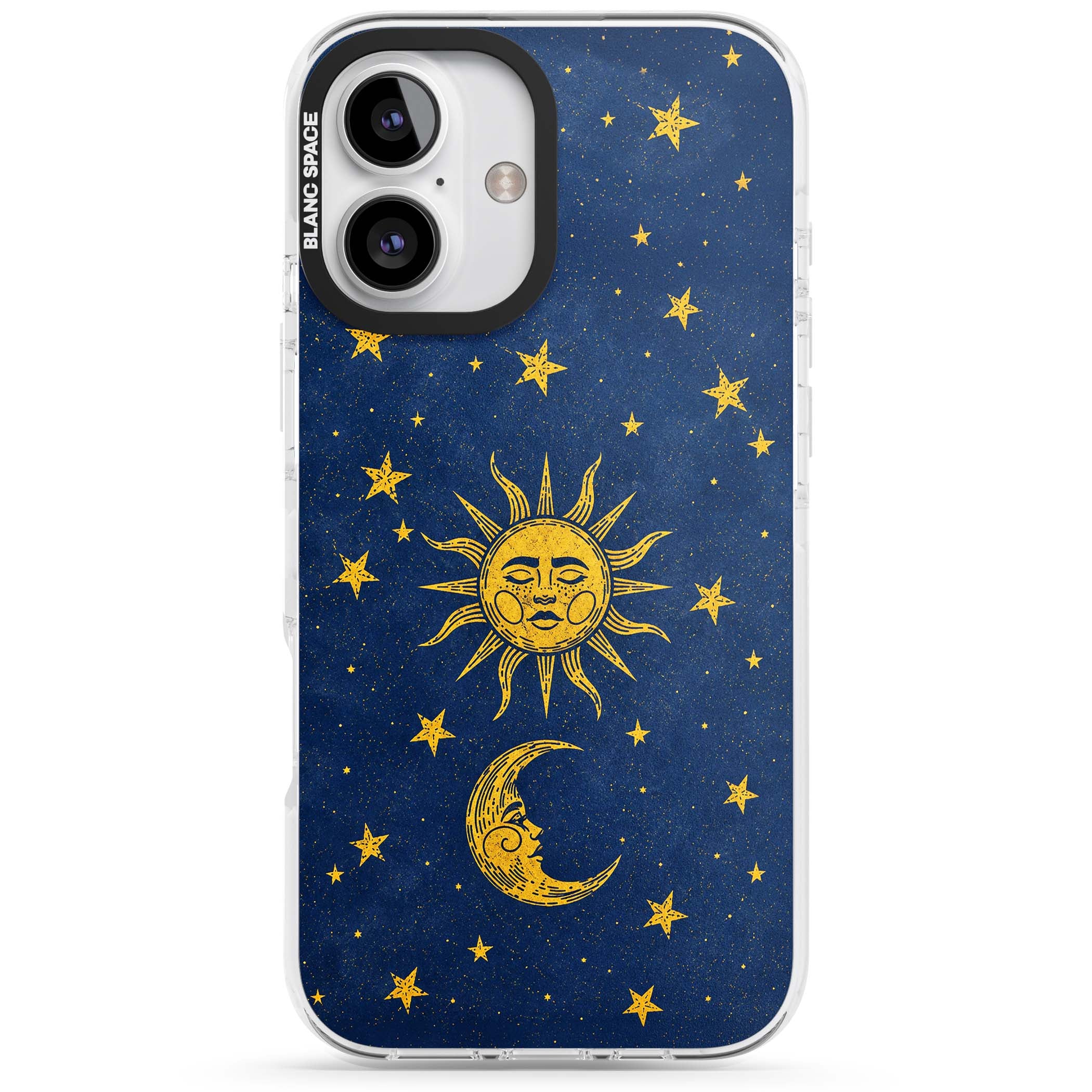 Sun & Moon Reverie celestial iPhone case featuring a vintage golden sun, crescent moon and scattered stars on midnight blue | Clear Impact case for iPhone 16, iPhone 16 Plus