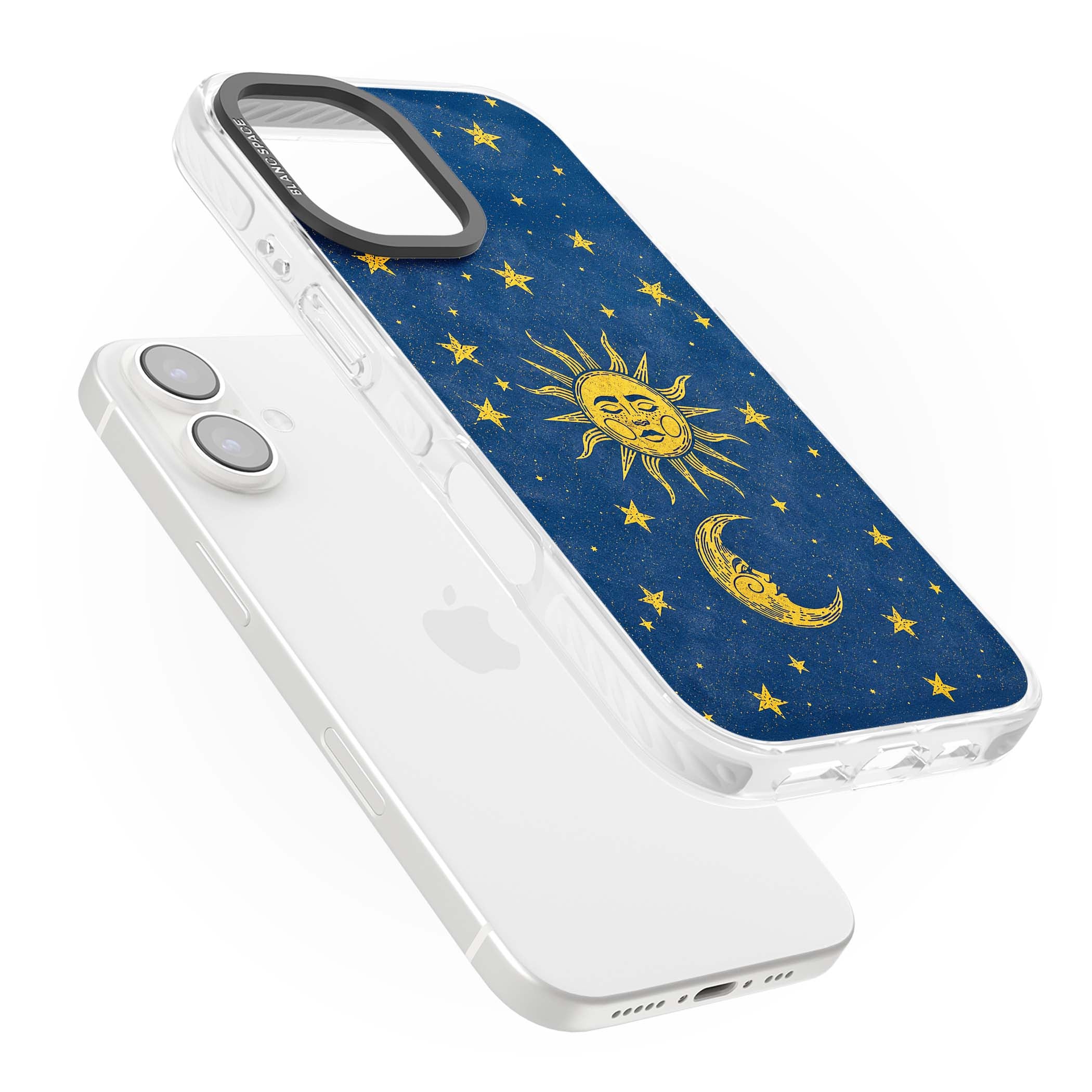 Sun & Moon Reverie celestial iPhone case featuring a vintage golden sun, crescent moon and scattered stars on midnight blue | Clear Impact case for iPhone 16, iPhone 16 Plus
