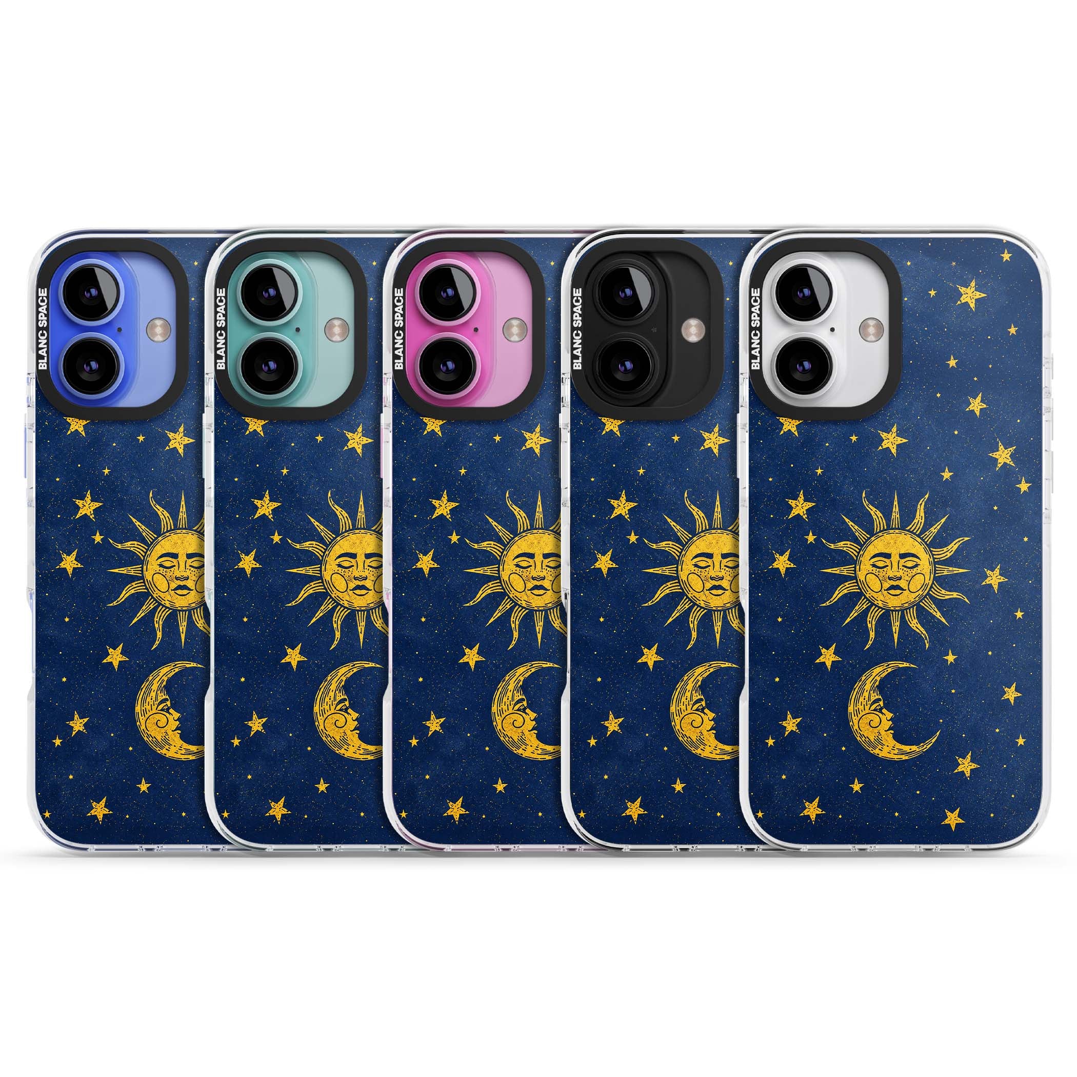Sun & Moon Reverie celestial iPhone case featuring a vintage golden sun, crescent moon and scattered stars on midnight blue | Clear Impact case for iPhone 16, iPhone 16 Plus