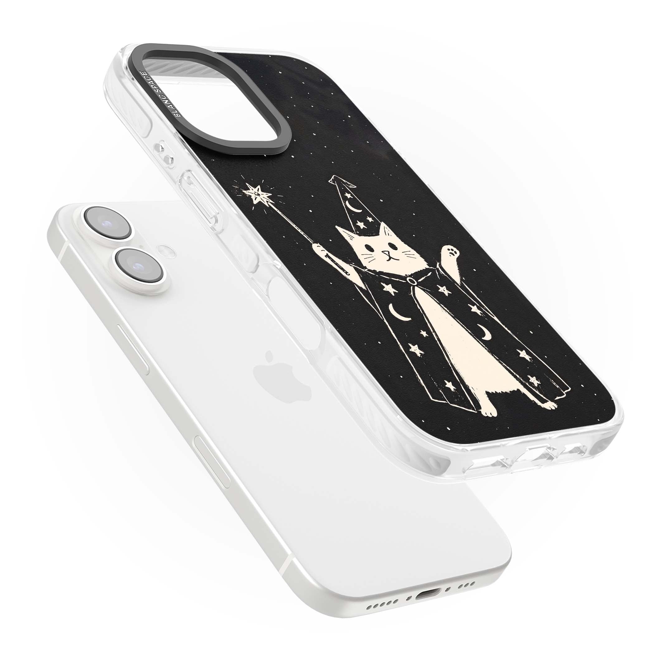 Whisker Wizard celestial cat iPhone case featuring a wizard cat with magic wand, starry night sky and crescent moons | Clear Impact case for iPhone 16, iPhone 16 Plus