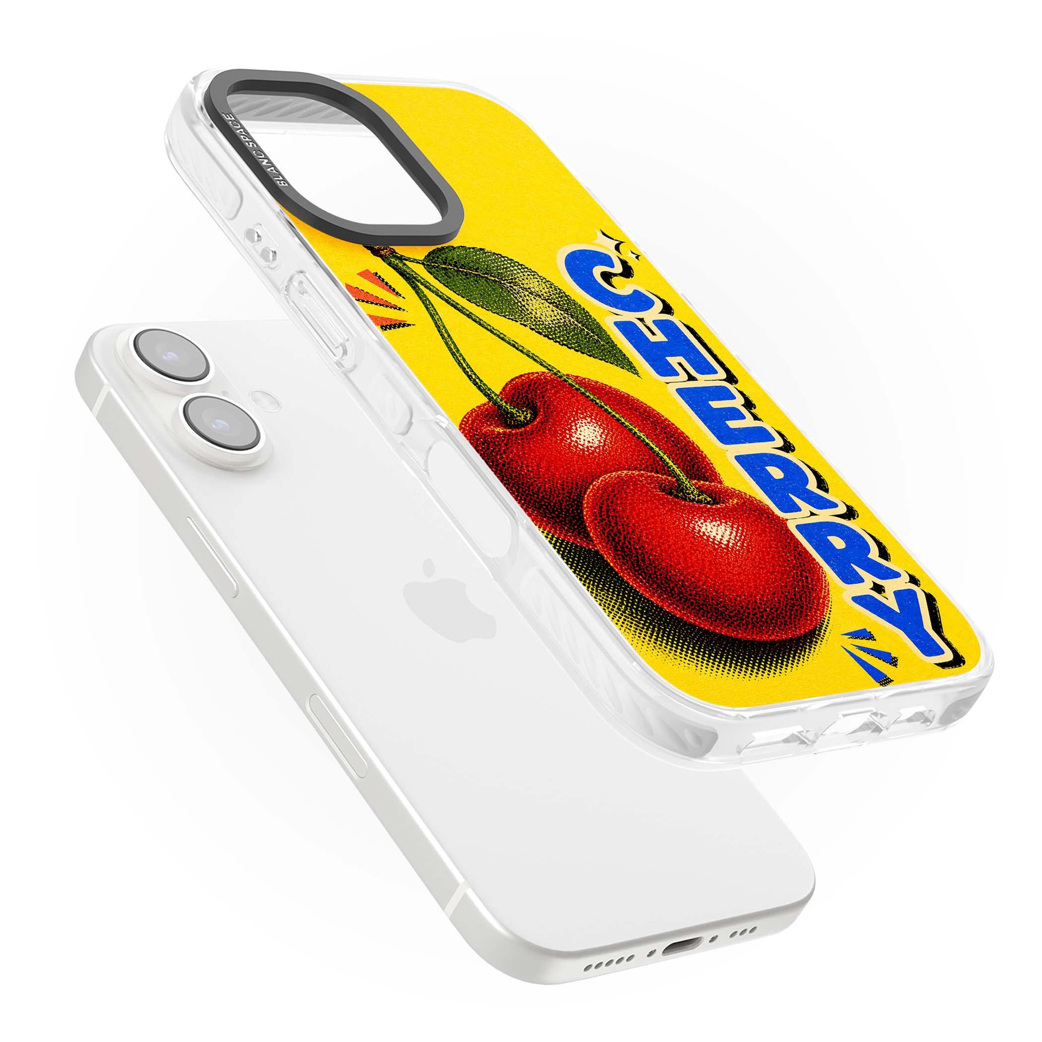 Cherry Yellow y2k iPhone case featuring two red cherries, halftone shading and bold blue CHERRY lettering on yellow | Clear Impact case for iPhone 16, iPhone 16 Plus