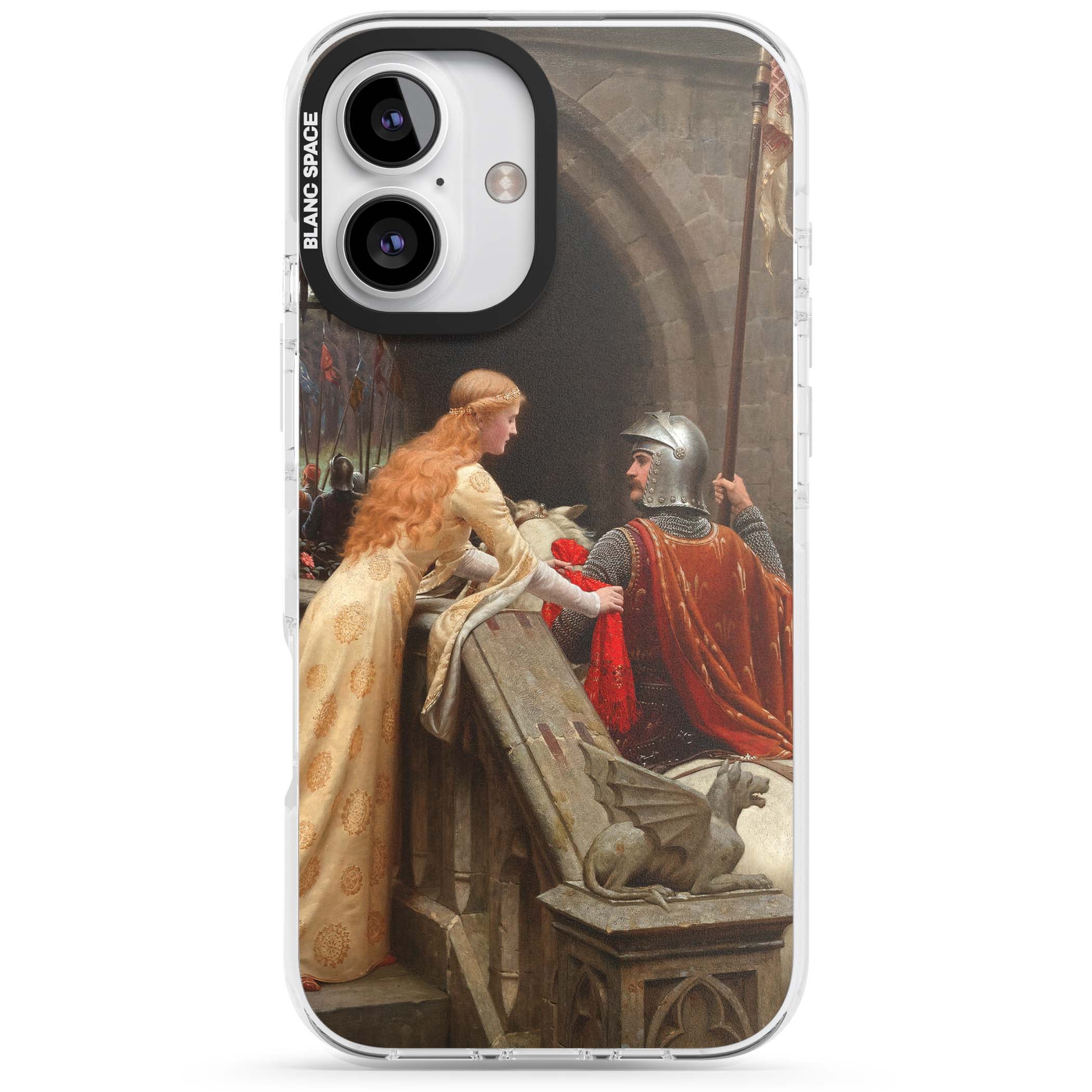 God Speed fine art iPhone case featuring Edmund Blair Leighton's medieval knight and lady beneath a stone archway | Clear Impact case for iPhone 16, iPhone 16 Plus