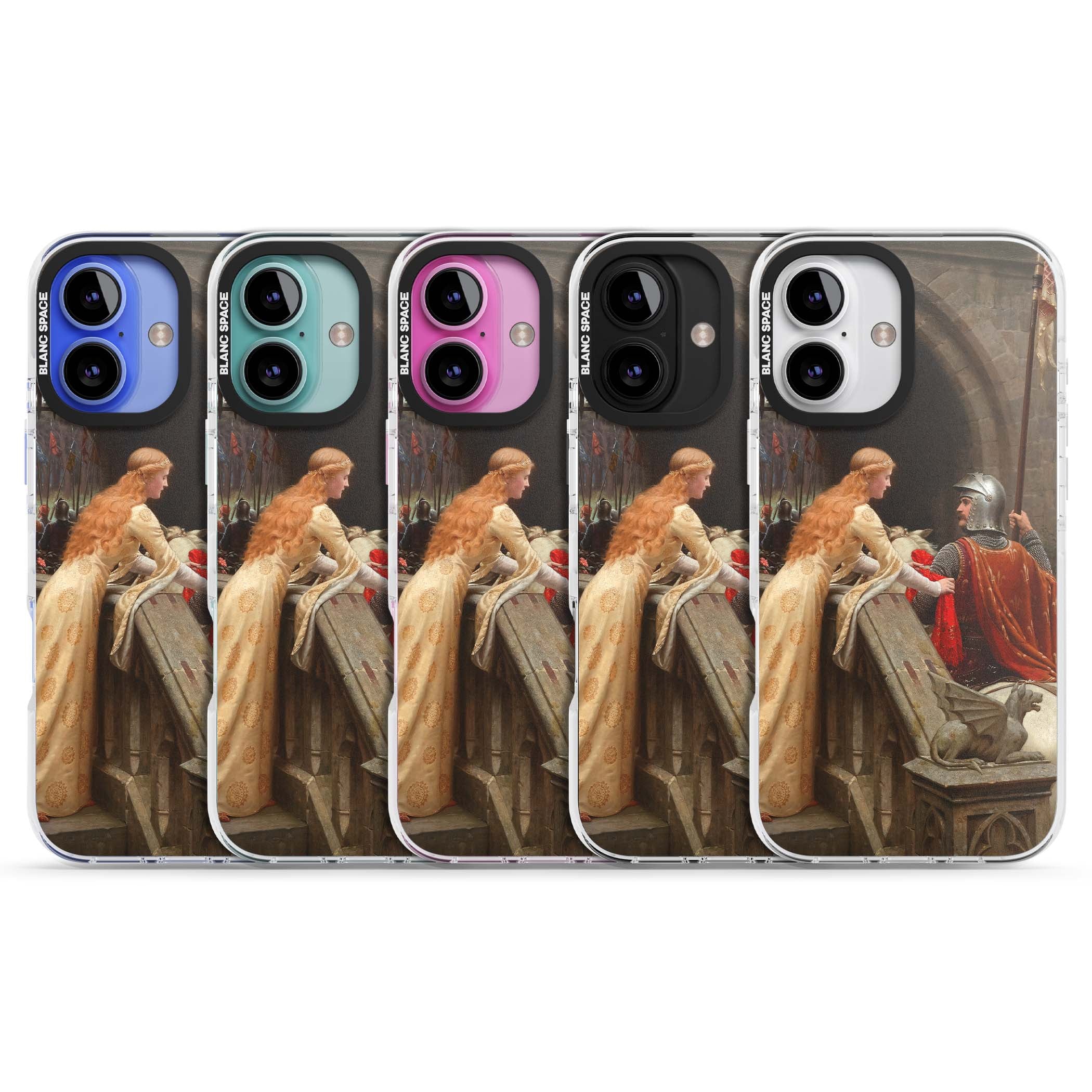 God Speed fine art iPhone case featuring Edmund Blair Leighton's medieval knight and lady beneath a stone archway | Clear Impact case for iPhone 16, iPhone 16 Plus