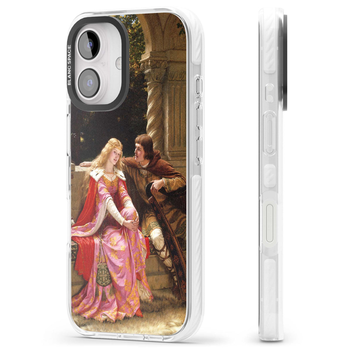 The End of the Song classic art iPhone case featuring a medieval lady in pink gown and her knight in a stone archway | Clear Impact case for iPhone 16, iPhone 16 Plus