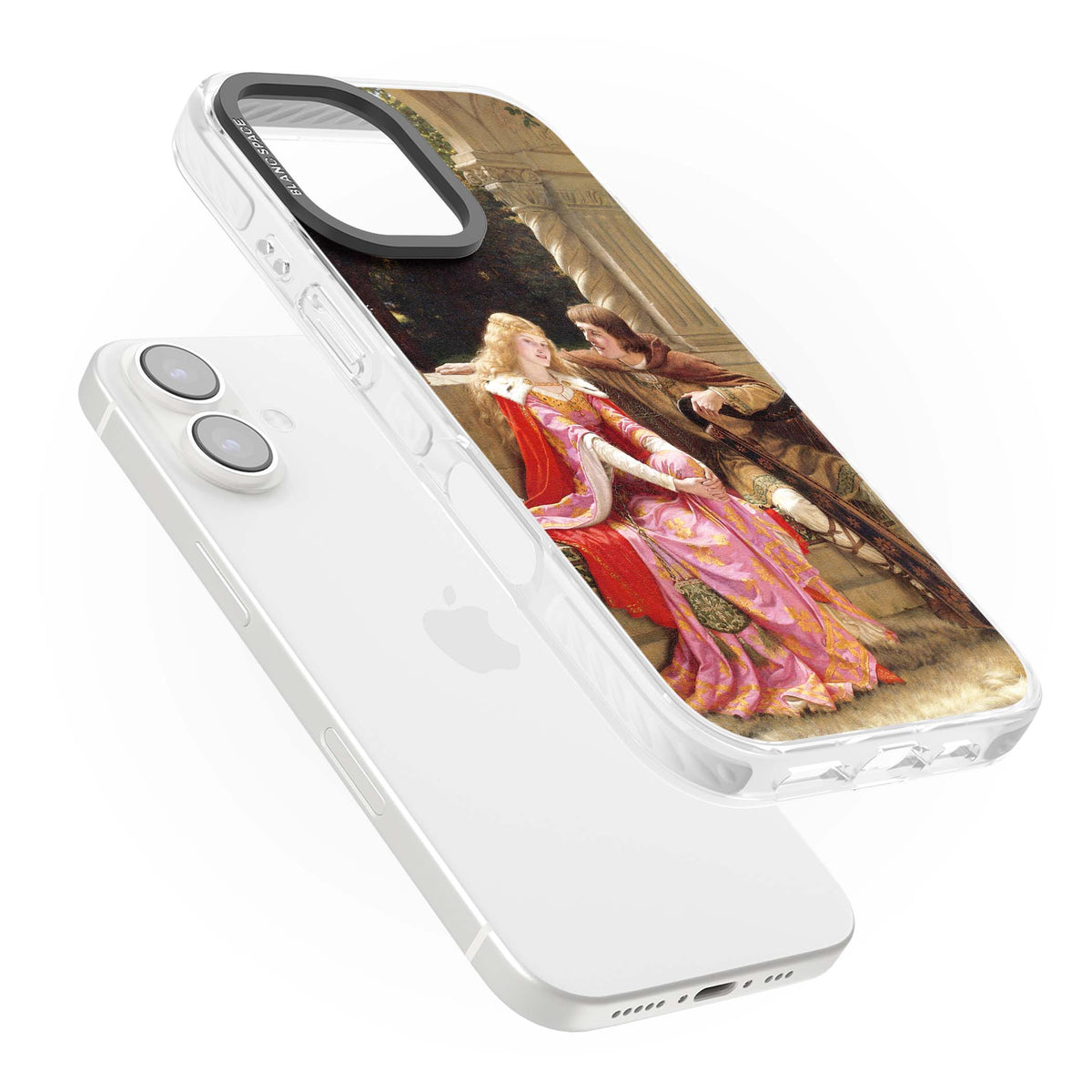 The End of the Song classic art iPhone case featuring a medieval lady in pink gown and her knight in a stone archway | Clear Impact case for iPhone 16, iPhone 16 Plus