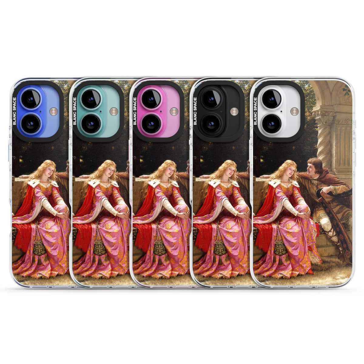 The End of the Song classic art iPhone case featuring a medieval lady in pink gown and her knight in a stone archway | Clear Impact case for iPhone 16, iPhone 16 Plus