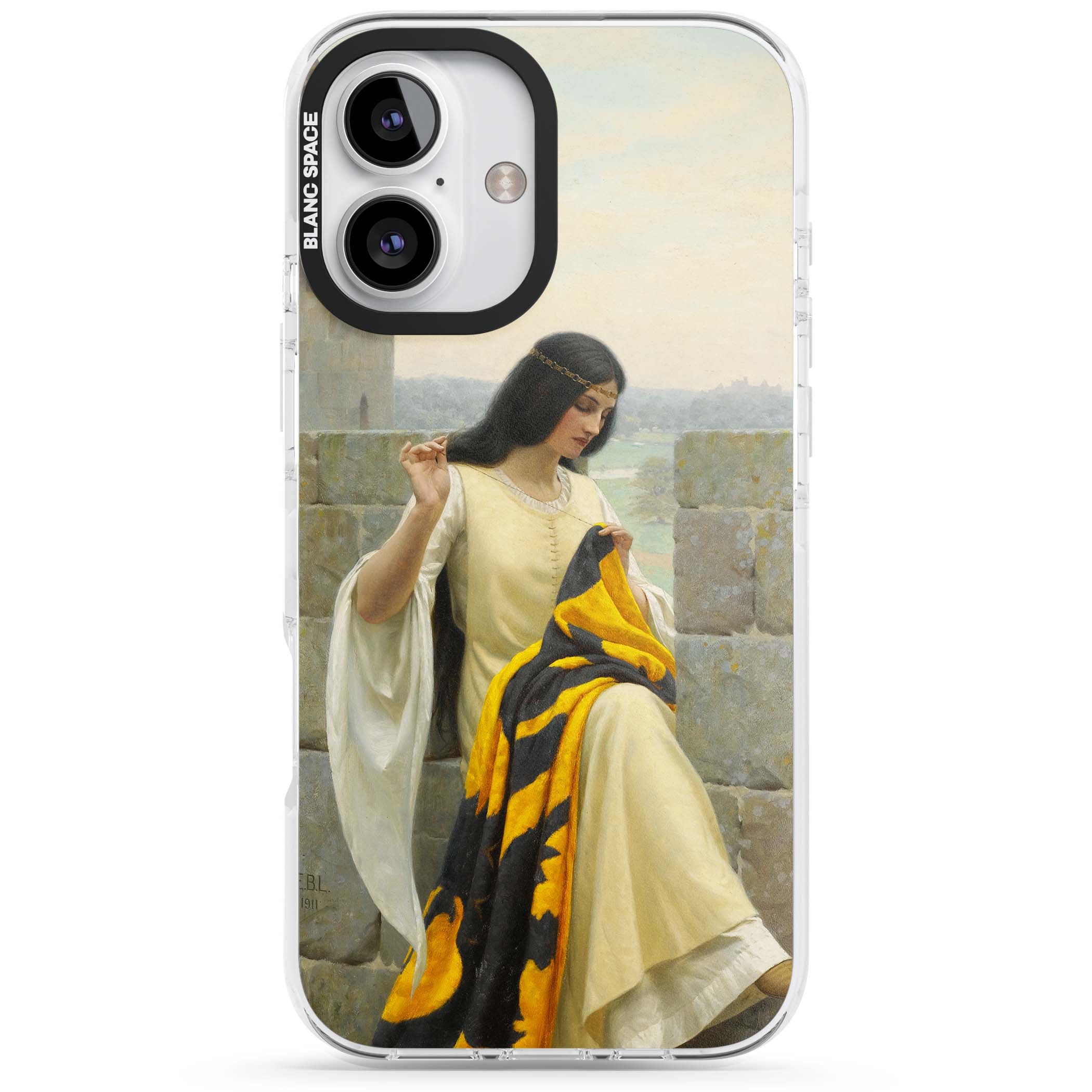 Stitching the Standard renaissance art iPhone case featuring a medieval lady sewing a golden banner on a castle wall | Clear Impact case for iPhone 16, iPhone 16 Plus