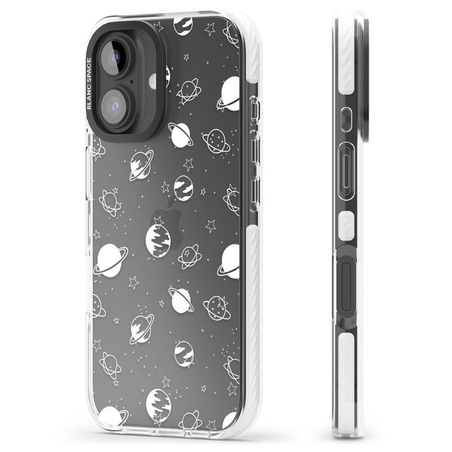 iPhone 16 Pro Max White Planets on Clear Black Impact Phone Case