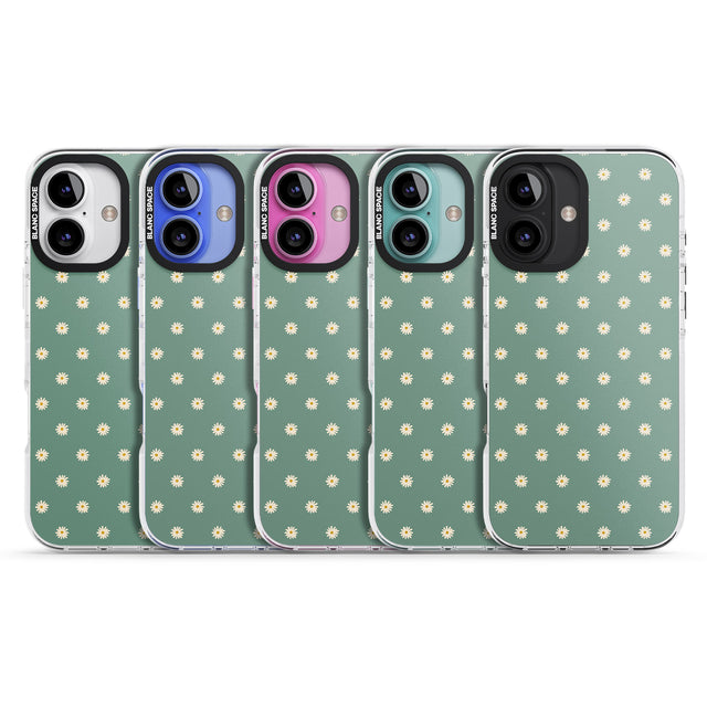 iPhone 16 Pro Max Daisy Pattern Teal Cute Floral Black Impact Phone Case