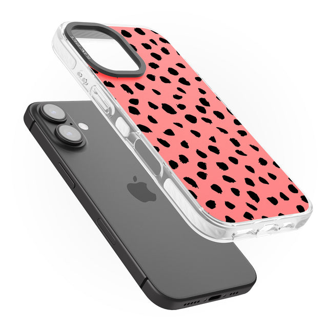 iPhone 16 Pro Max Black on Salmon Pink Dalmatian Polka Dot Spots Black Impact Phone Case