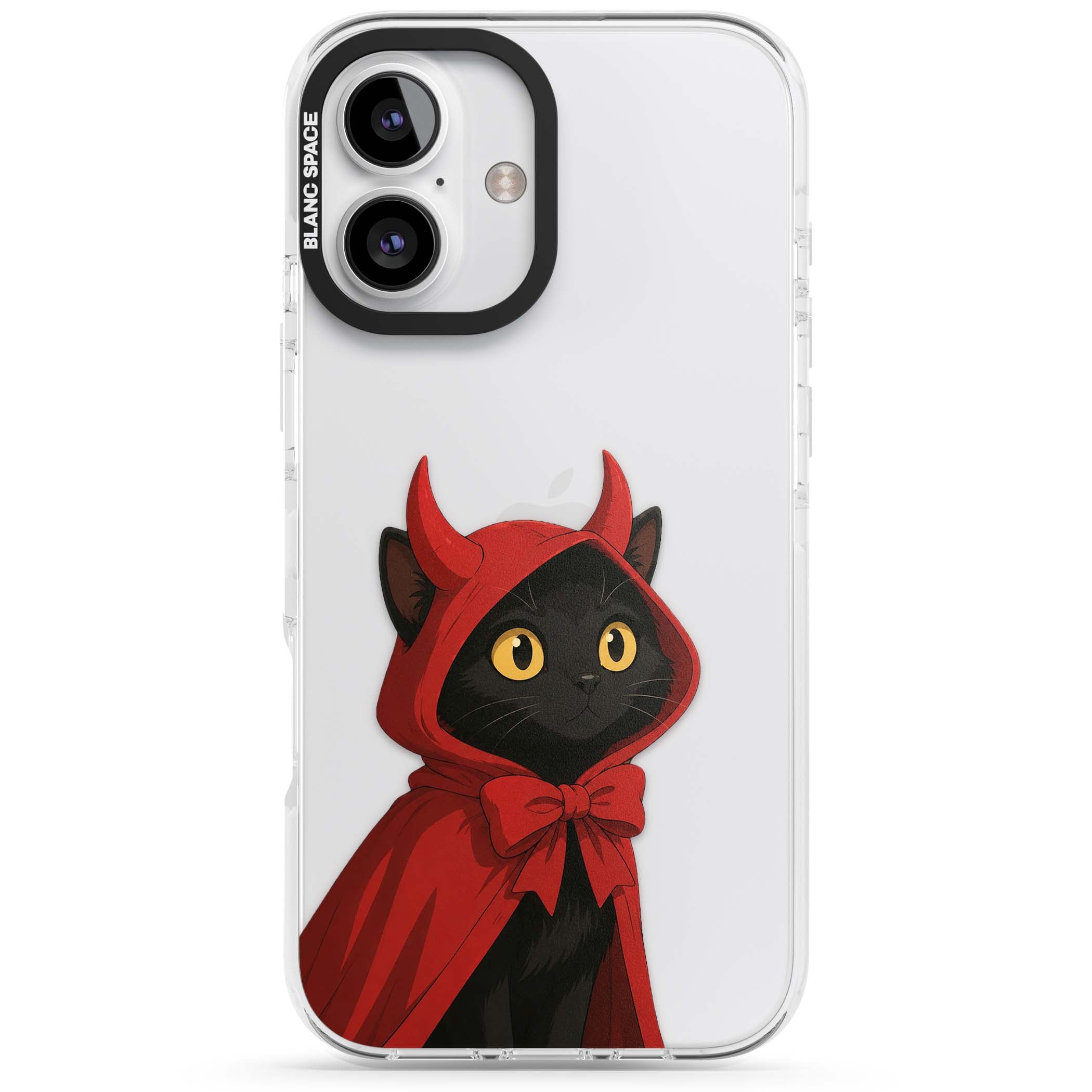 Little Devil halloween iPhone case featuring a black cat in a red hooded devil cloak with horns and golden eyes | Clear Impact case for iPhone 16, iPhone 16 Plus