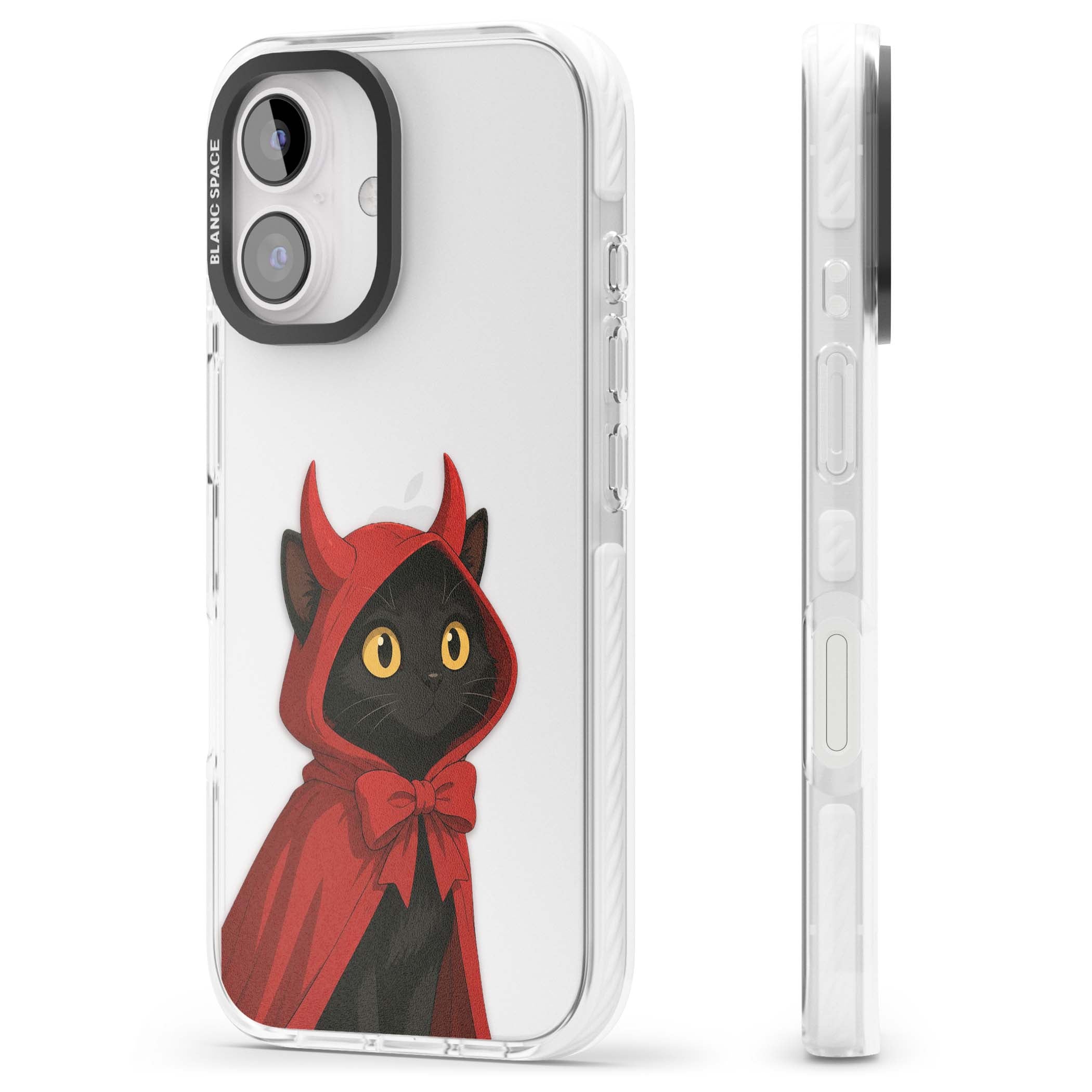 Little Devil halloween iPhone case featuring a black cat in a red hooded devil cloak with horns and golden eyes | Clear Impact case for iPhone 16, iPhone 16 Plus