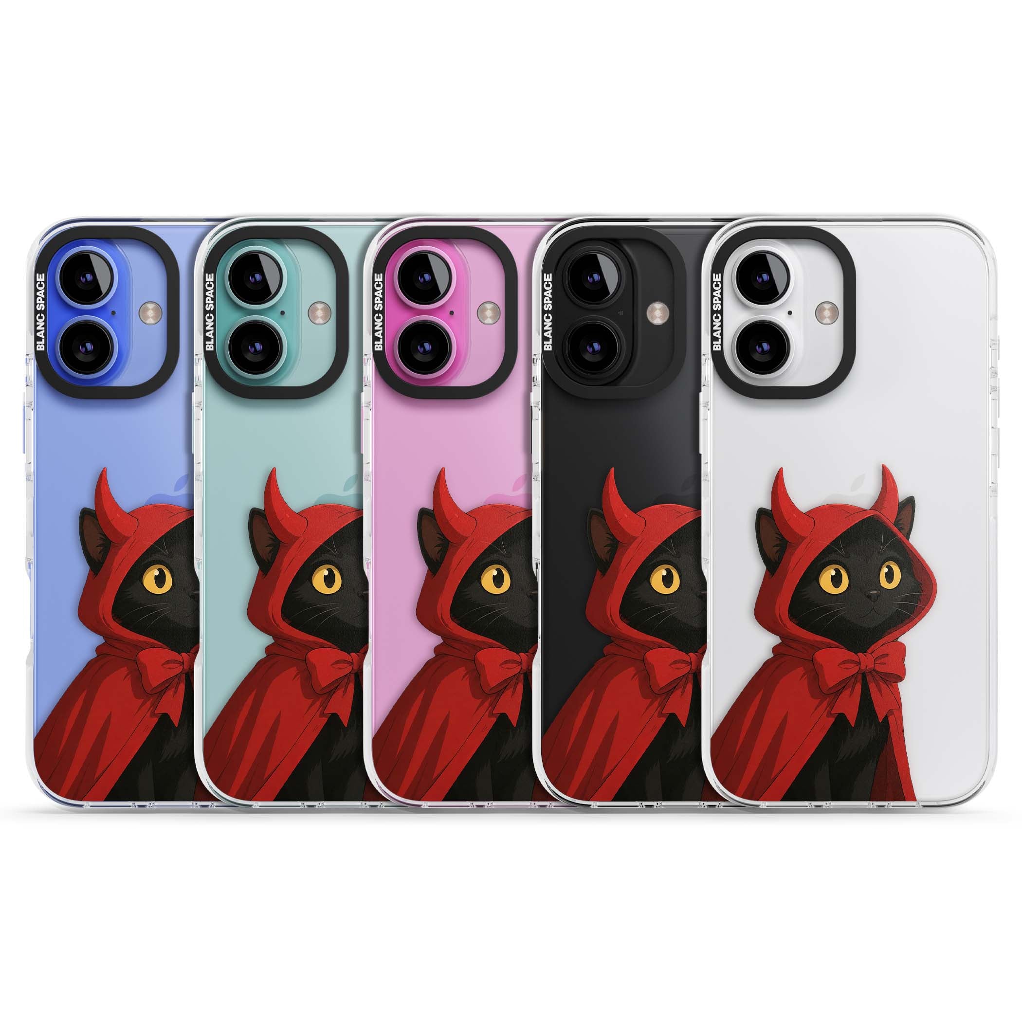Little Devil halloween iPhone case featuring a black cat in a red hooded devil cloak with horns and golden eyes | Clear Impact case for iPhone 16, iPhone 16 Plus