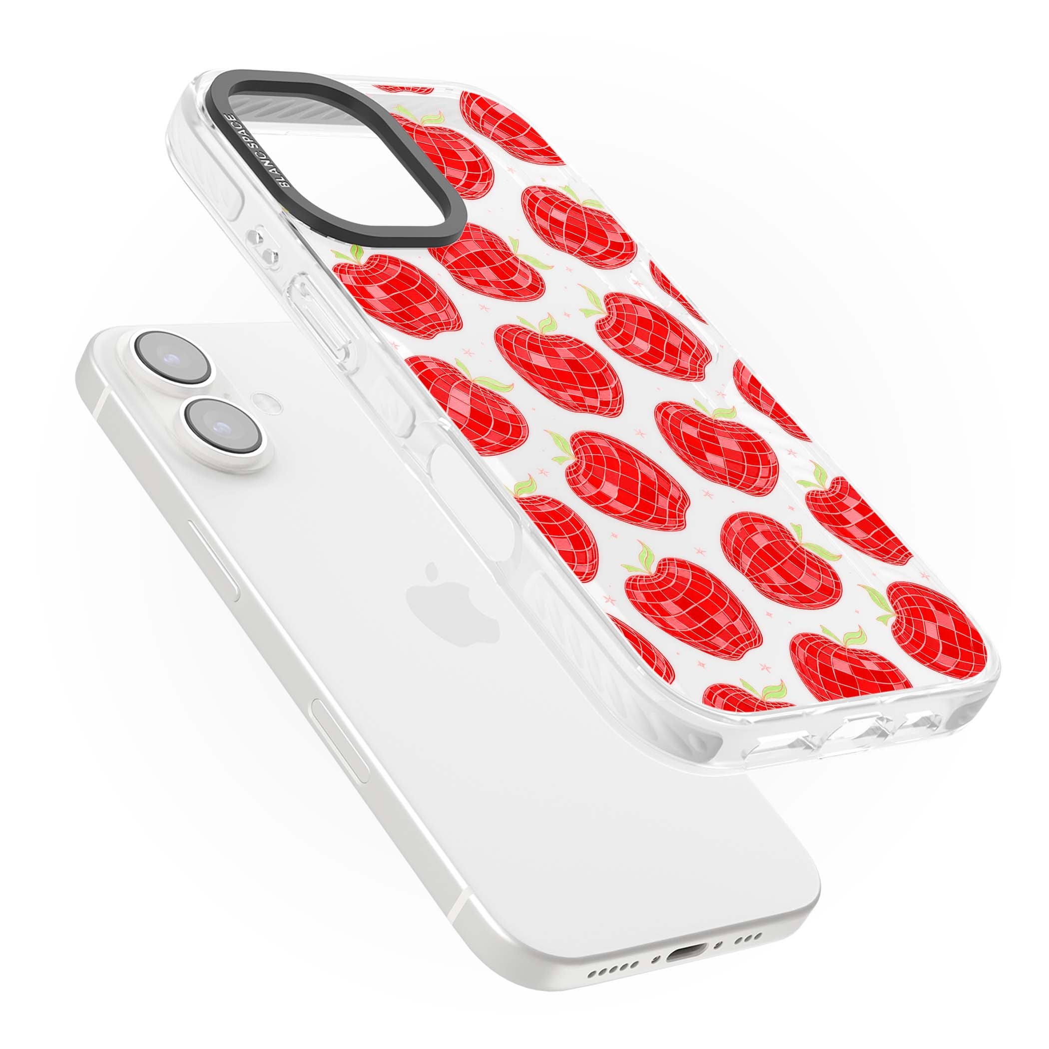 Disco Apples Y2K iPhone case featuring red disco ball apples, green leaves and pink sparkles on clear | Clear Impact case for iPhone 16, iPhone 16 Plus
