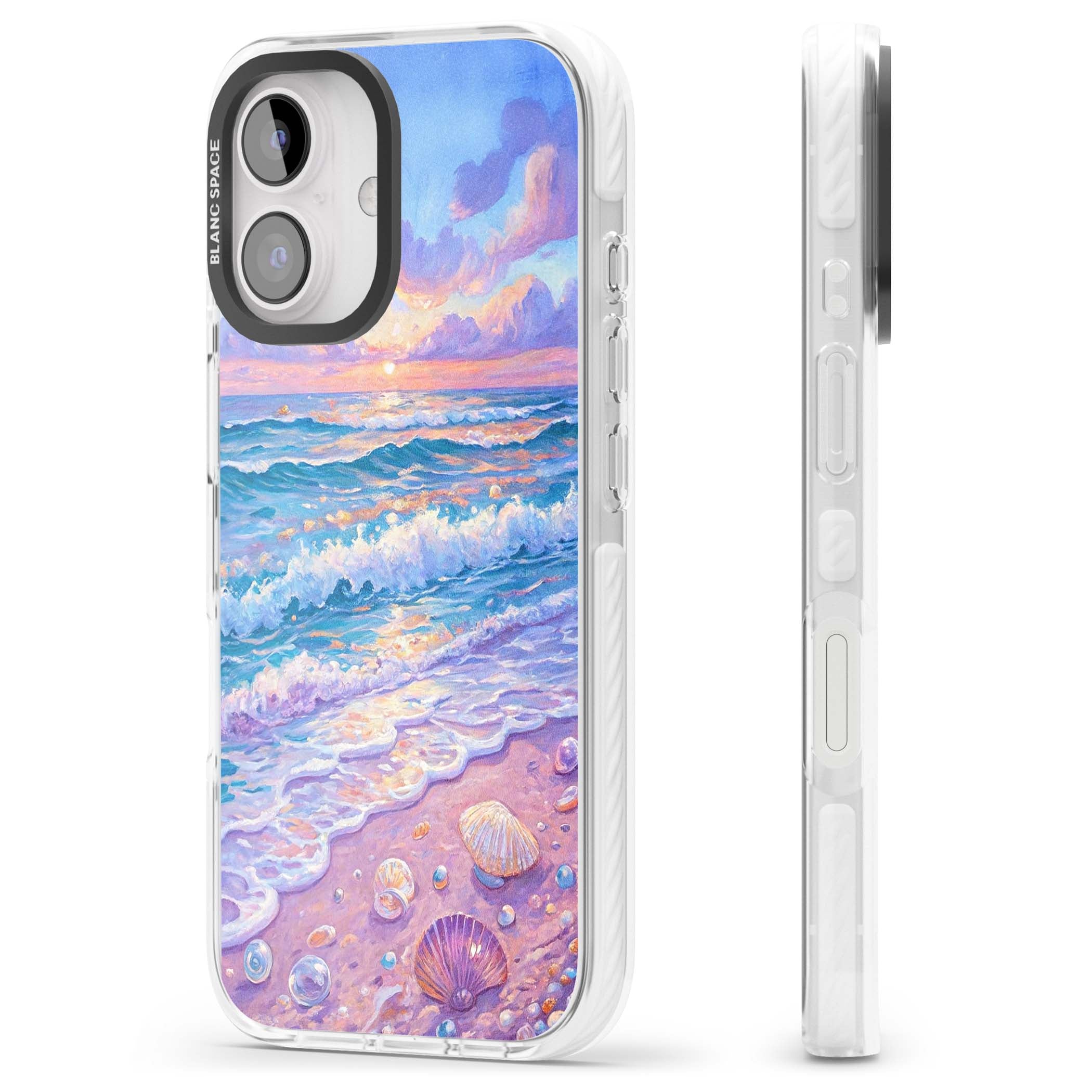 Pearl Shore coastal iPhone case featuring pastel painted waves, seashells, and a sunrise sky over a lavender beach. | Clear Impact case for iPhone 16, iPhone 16 Plus