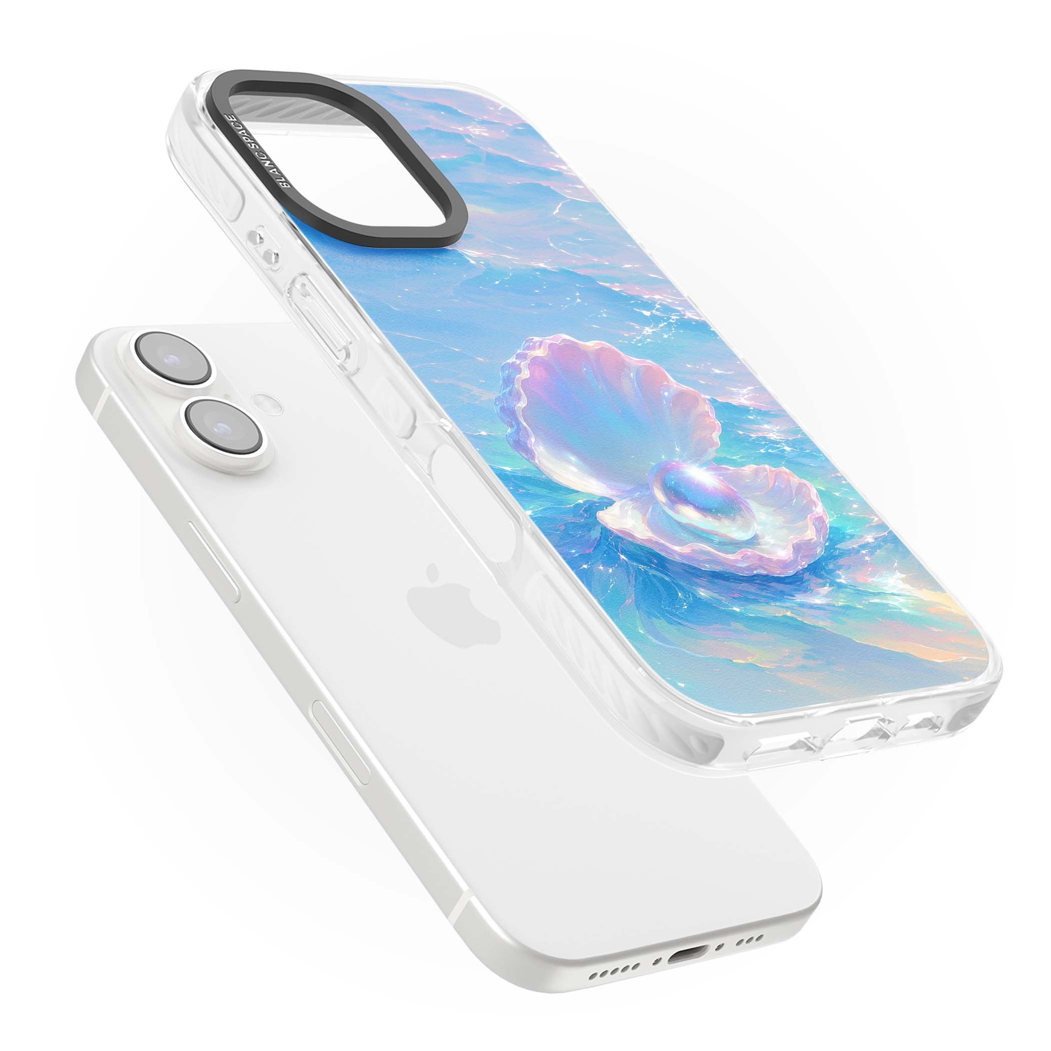 The Pearl Clam mermaidcore iPhone case featuring iridescent seashell, glowing pearl and pastel ocean waves | Clear Impact case for iPhone 16, iPhone 16 Plus