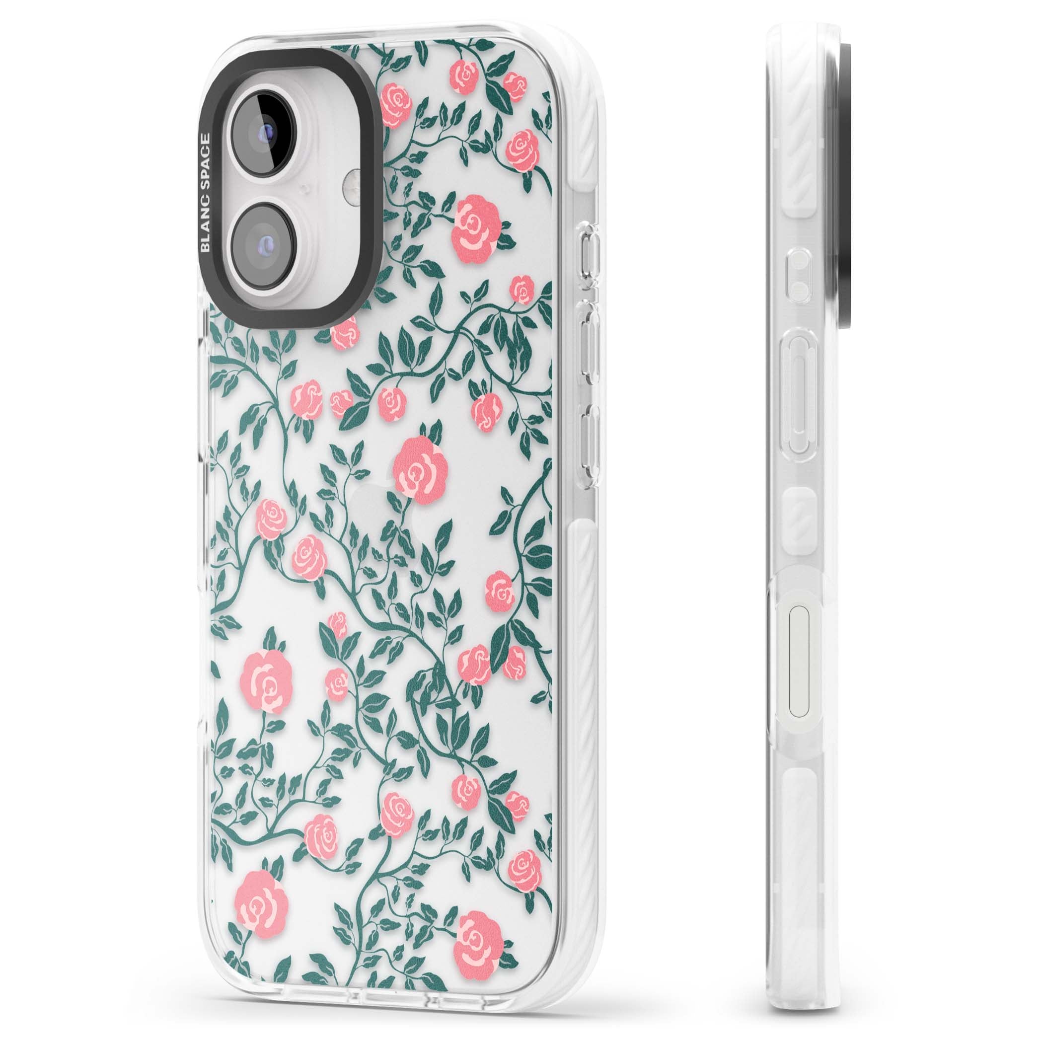 Rose Trellis (Clear) cottagecore iPhone case featuring pink climbing roses and green leaves on clear background | Clear Impact case for iPhone 16, iPhone 16 Plus
