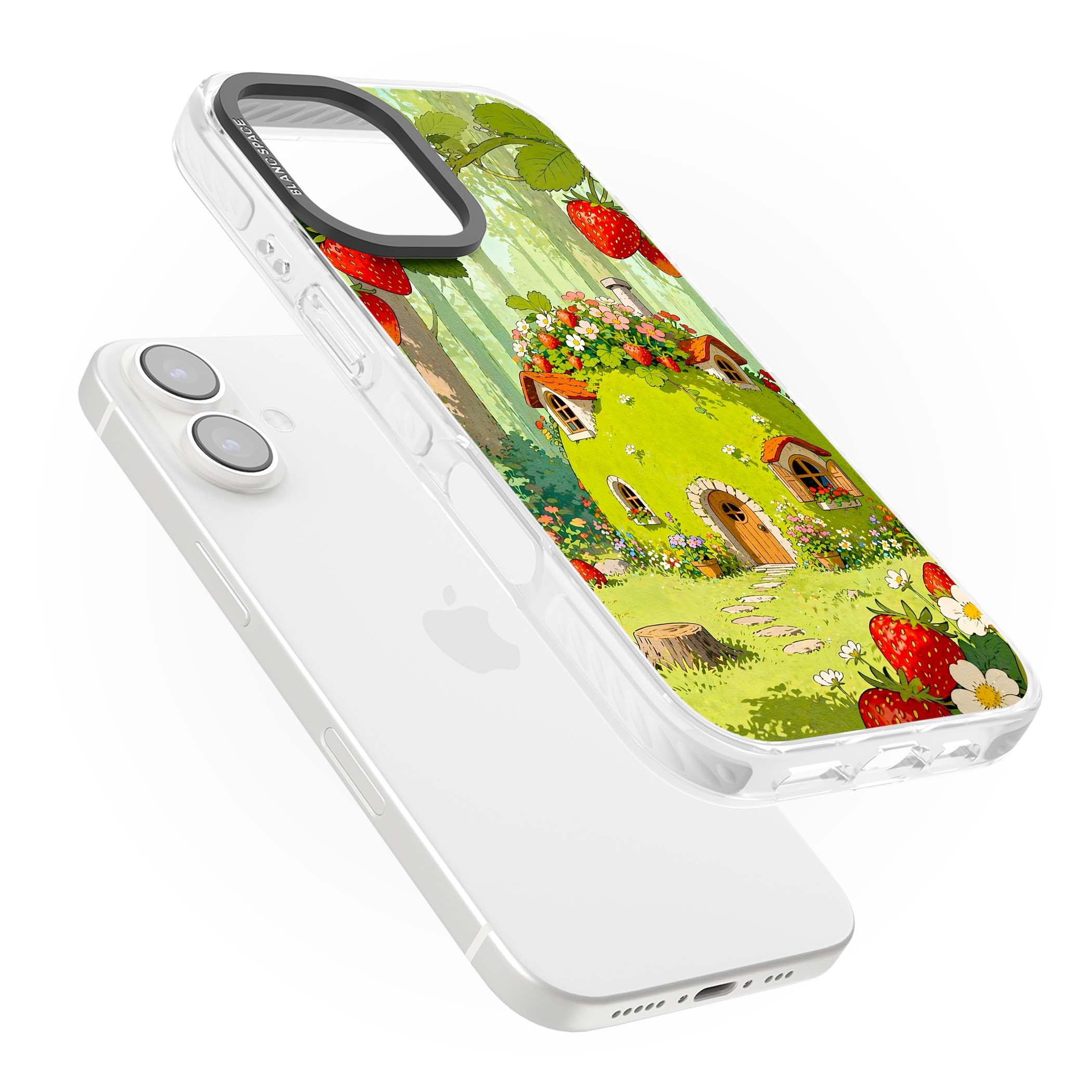 Strawberry Cottage cottagecore iPhone case featuring a green fairy house, wild strawberries and enchanted forest flowers | Clear Impact case for iPhone 16, iPhone 16 Plus