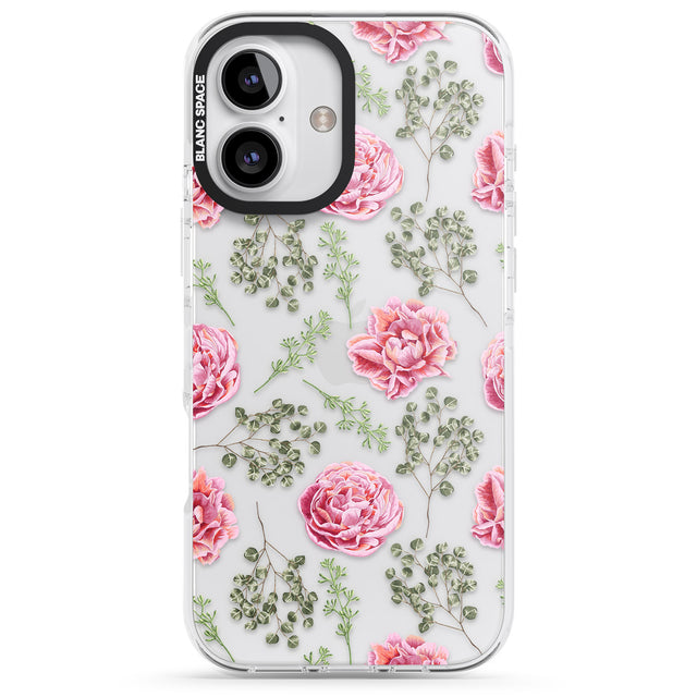 iPhone 16 Pro Max Roses & Eucalyptus Transparent Floral Black Impact Phone Case