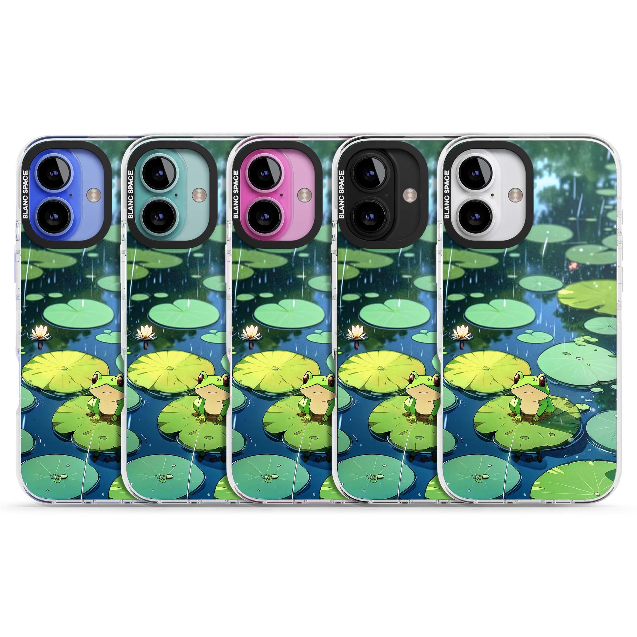 Frog In Lily Pond cottagecore iPhone case featuring a cute green frog on a lily pad with falling rain and a lotus flower | Clear Impact case for iPhone 16, iPhone 16 Plus
