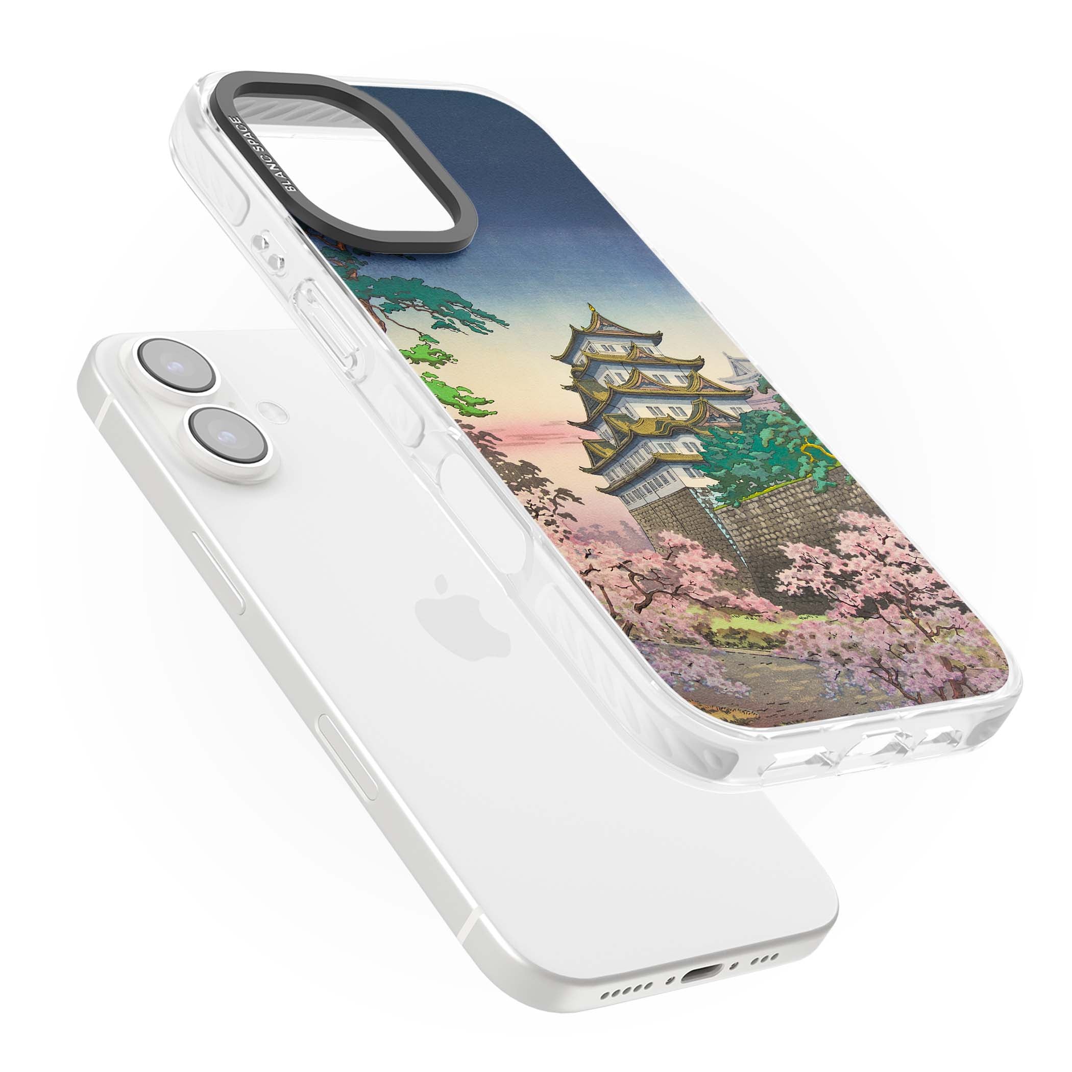 Nagoya Castle Japanese iPhone case featuring a vintage pagoda, twilight sky and cherry blossom trees | Clear Impact case for iPhone 16, iPhone 16 Plus