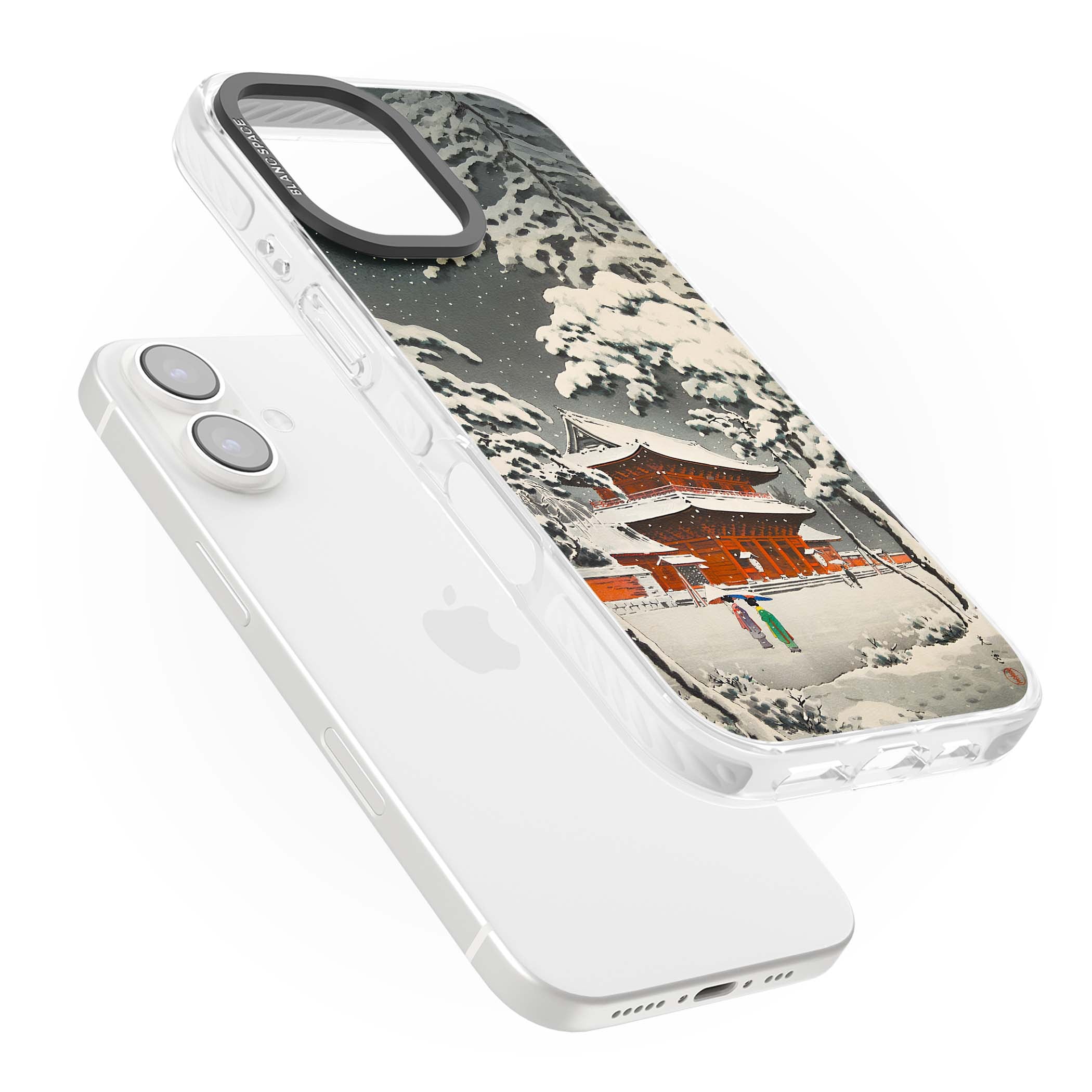 Snow at Shiha Park, Tokyo Japanese art iPhone case featuring a vintage ukiyo-e snowy temple, red pagoda, and snow-covered pin | Clear Impact case for iPhone 16, iPhone 16 Plus