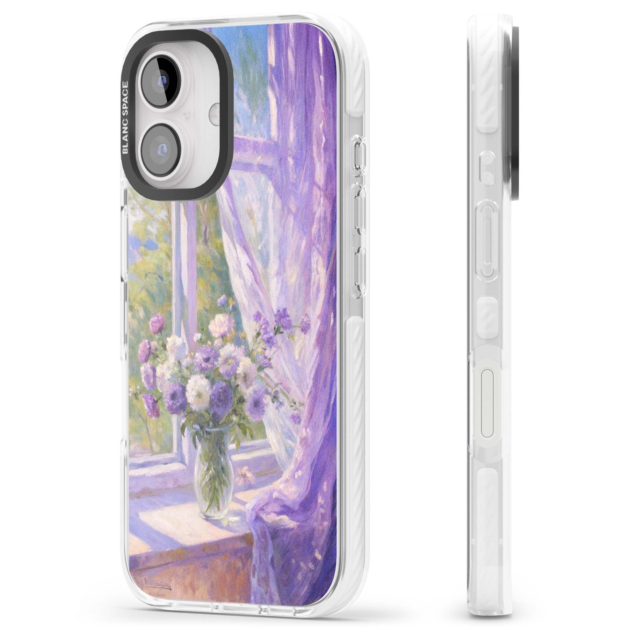 A Provence Morning impressionist art iPhone case featuring a vase of purple flowers, sunlit window and sheer curt | Clear Impact case for iPhone 16, iPhone 16 Plus