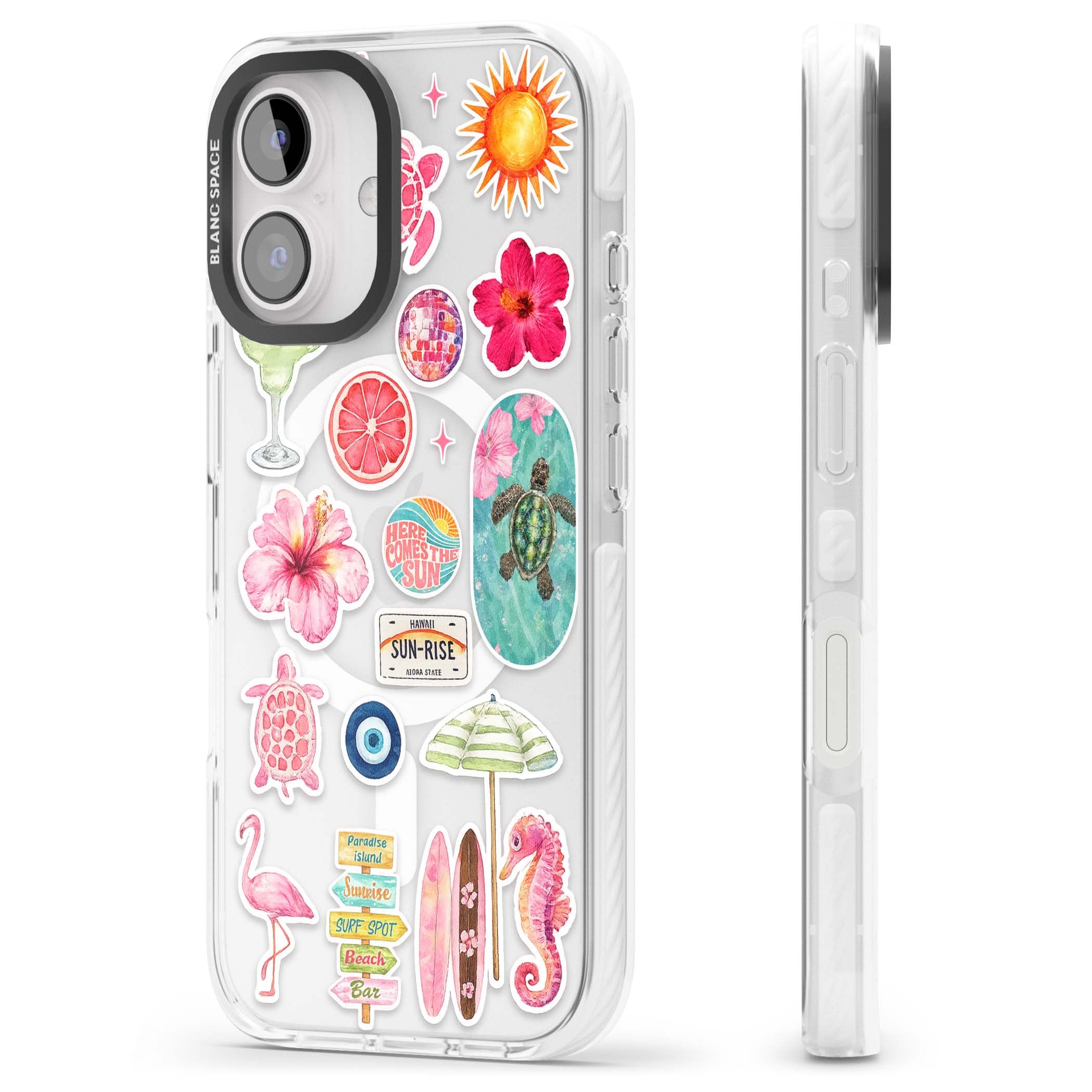 Aloha Sticker Mix tropical summer iPhone case featuring pink hibiscus, sea turtles, flamingo and beach umbrella stickers | Impact Magsafe case for iPhone 16, iPhone 16 Plus