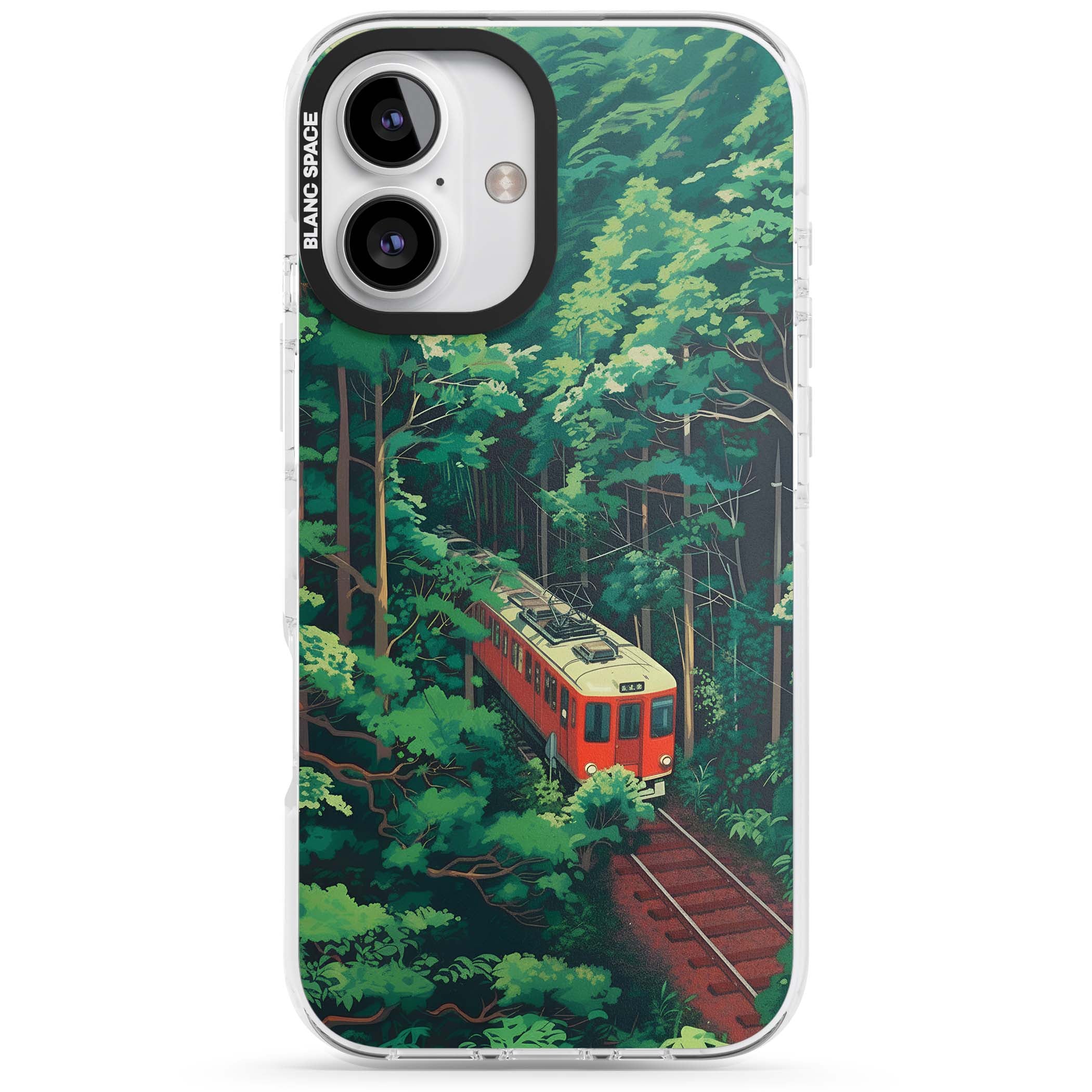 Railway In Toyama Japanese iPhone case featuring a red train, cedar forest and winding mountain railway tracks | Impact Magsafe case for iPhone 16, iPhone 16 Plus