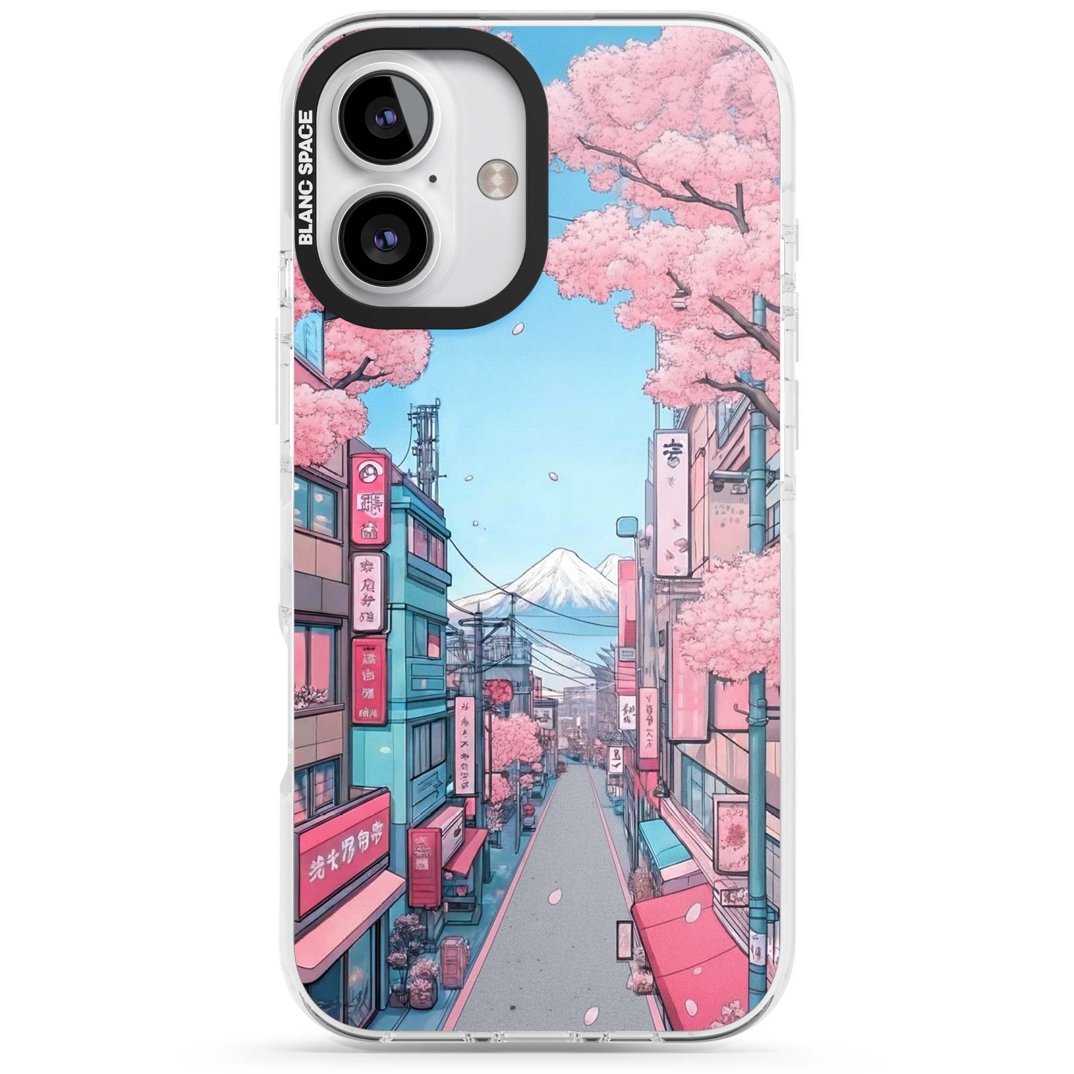 Sakura Lane anime iPhone case featuring Tokyo street scene with cherry blossoms and Mount Fuji | Impact Magsafe case for iPhone 16, iPhone 16 Plus