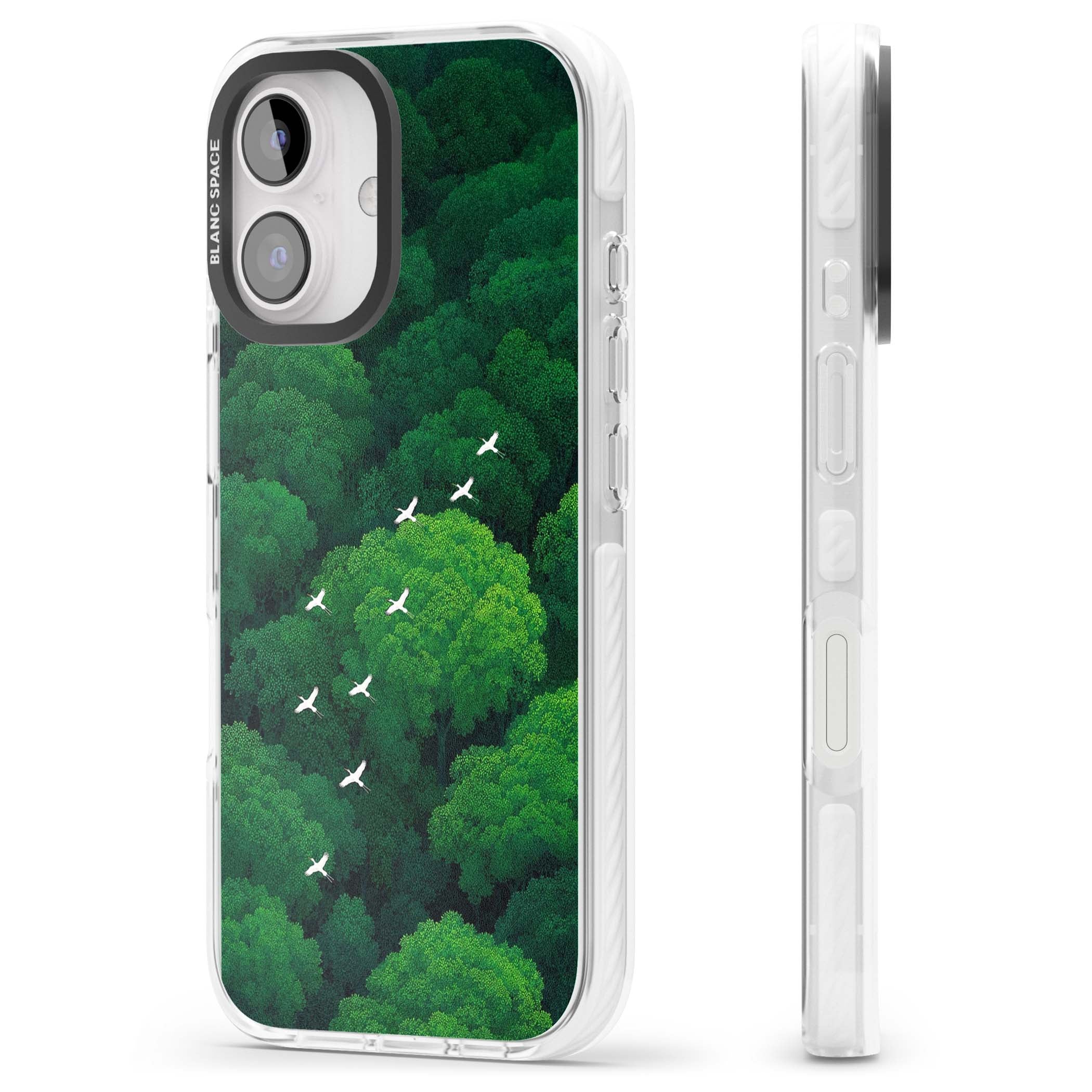 Grove Migration forest iPhone case featuring white cranes flying over lush green treetop canopy | Impact Magsafe case for iPhone 16, iPhone 16 Plus