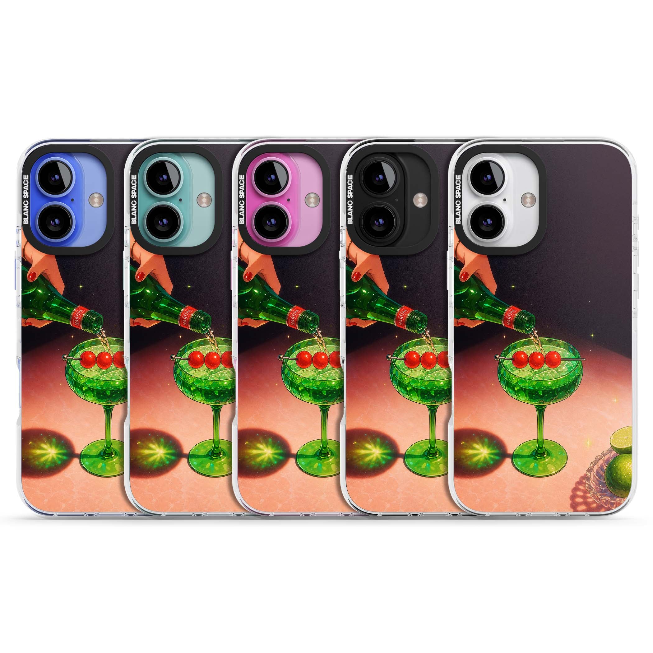 Absinthe Hour cocktail iPhone case featuring a green coupe glass, cherry garnish and vintage bottle pour illustration | Impact Magsafe case for iPhone 16, iPhone 16 Plus