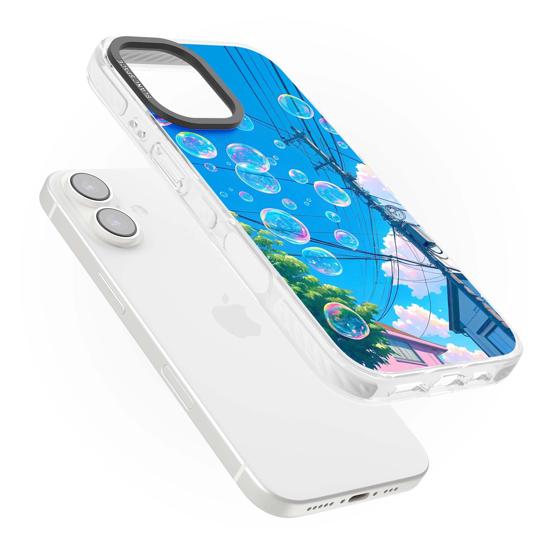 Suburban Bubbles anime iPhone case featuring iridescent soap bubbles, blue sky and Japanese telephone wires | Impact Magsafe case for iPhone 16, iPhone 16 Plus