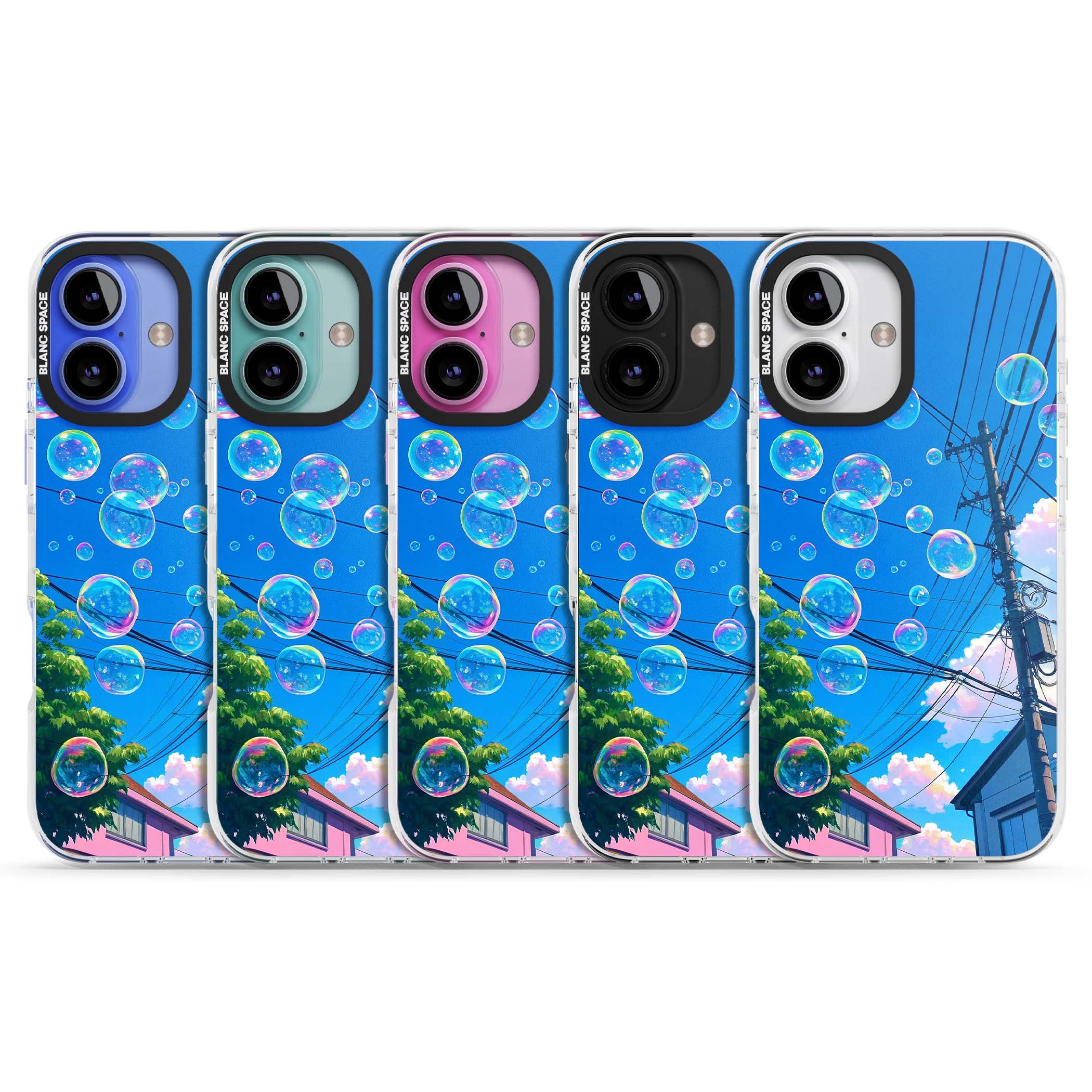 Suburban Bubbles anime iPhone case featuring iridescent soap bubbles, blue sky and Japanese telephone wires | Impact Magsafe case for iPhone 16, iPhone 16 Plus
