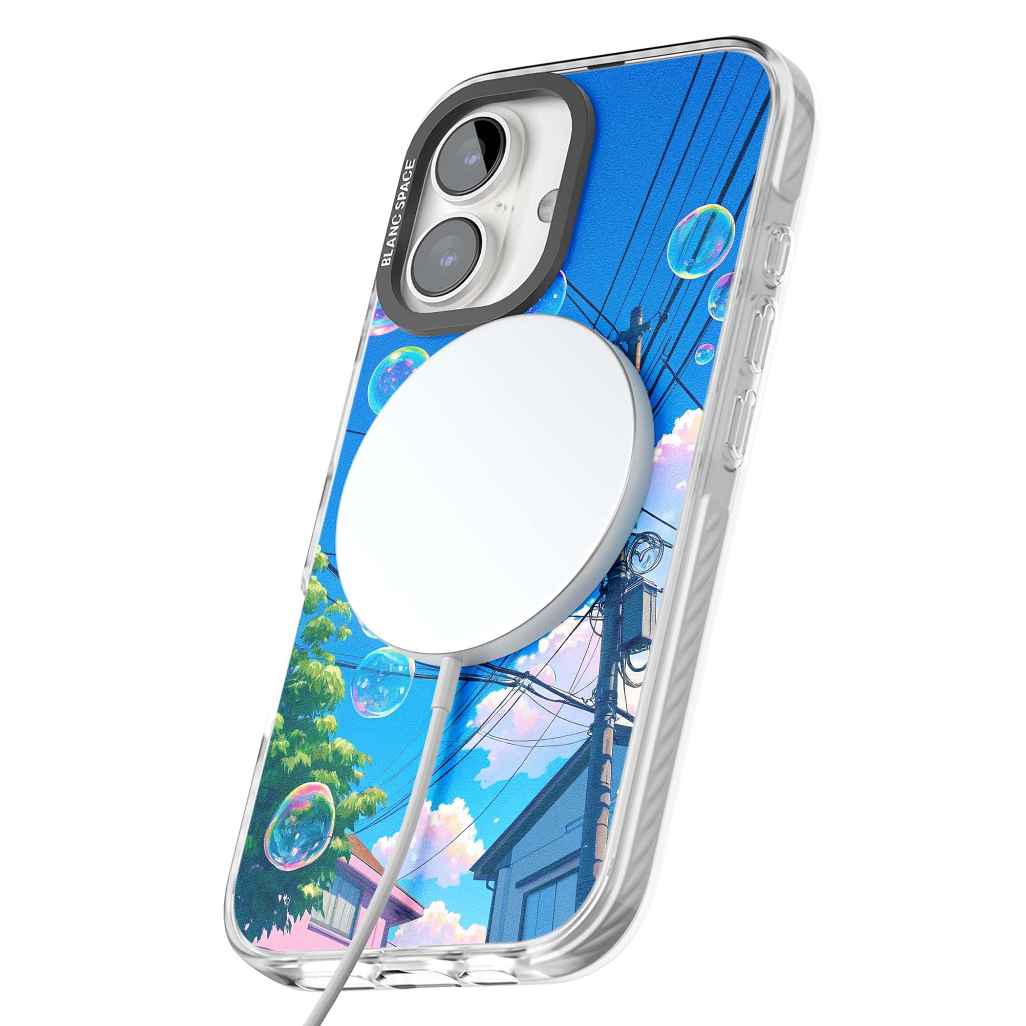 Suburban Bubbles anime iPhone case featuring iridescent soap bubbles, blue sky and Japanese telephone wires | Impact Magsafe case for iPhone 16, iPhone 16 Plus