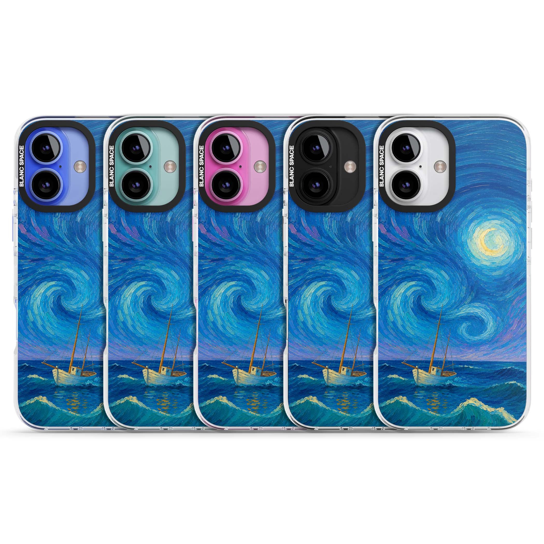 Moonlit Tide Van Gogh art iPhone case featuring swirling starry night sky, glowing moon and lone sailing boat at sea | Impact Magsafe case for iPhone 16, iPhone 16 Plus