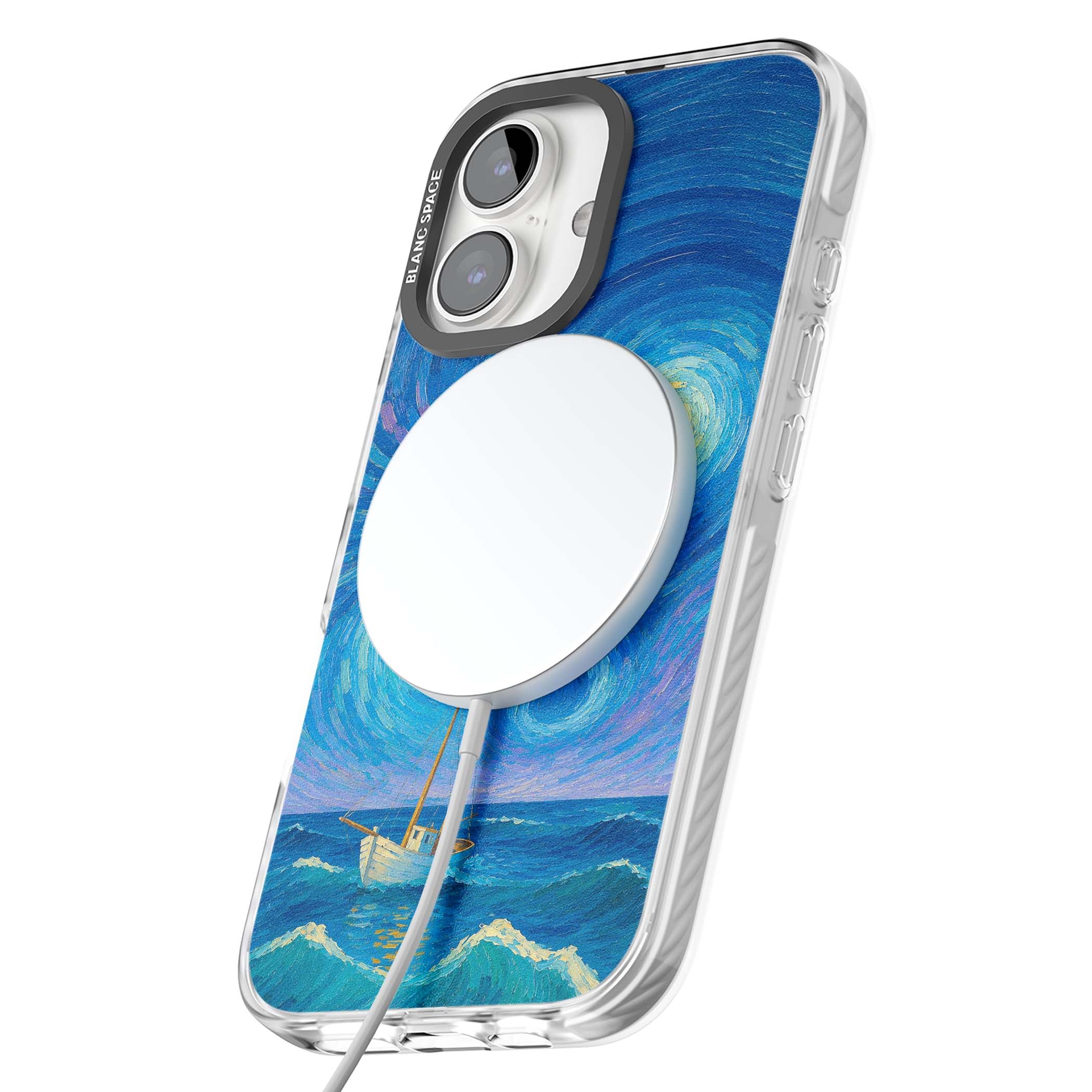 Moonlit Tide Van Gogh art iPhone case featuring swirling starry night sky, glowing moon and lone sailing boat at sea | Impact Magsafe case for iPhone 16, iPhone 16 Plus