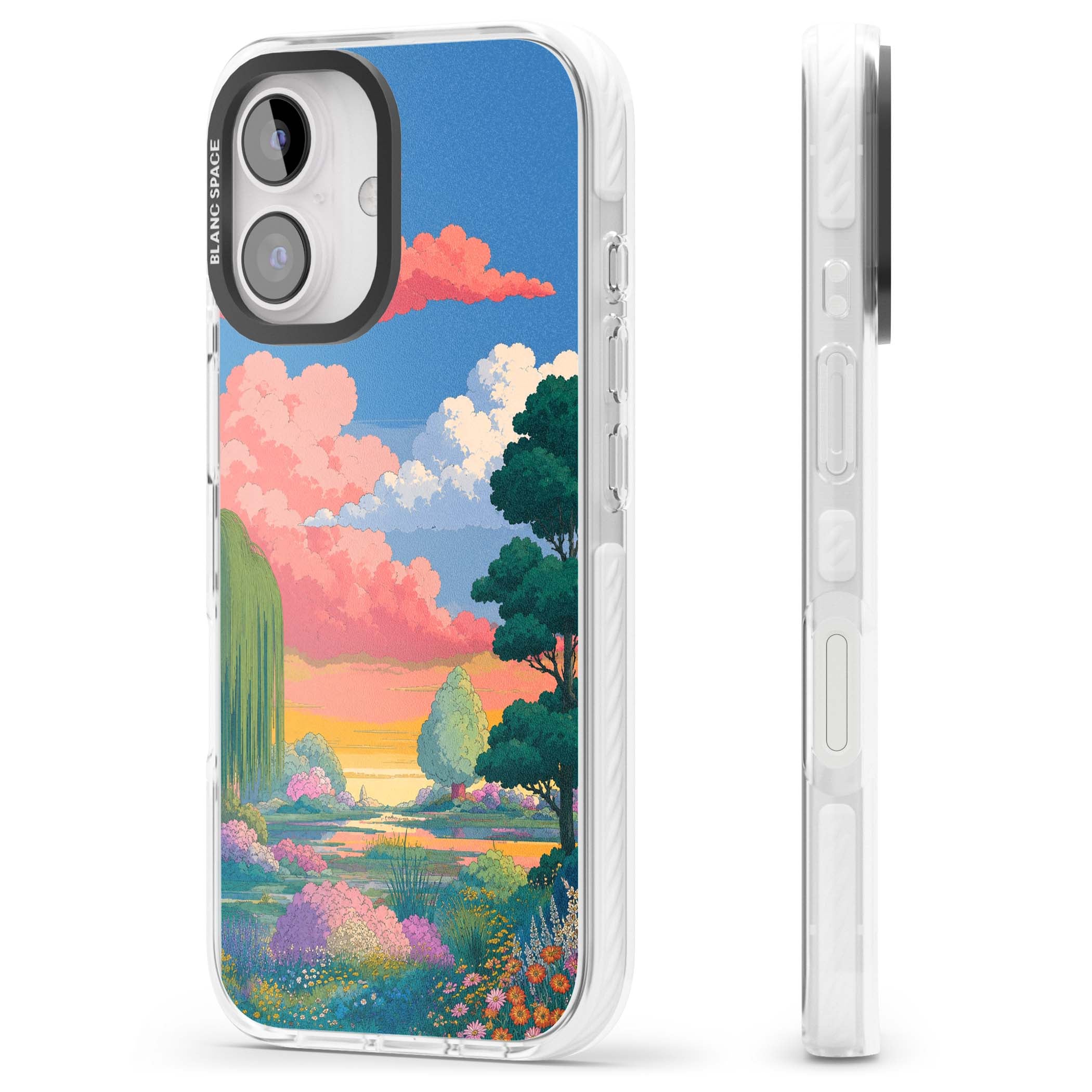 Dream Valley anime landscape iPhone case featuring pink sunset clouds, willow trees and wildflowers | Impact Magsafe case for iPhone 16, iPhone 16 Plus