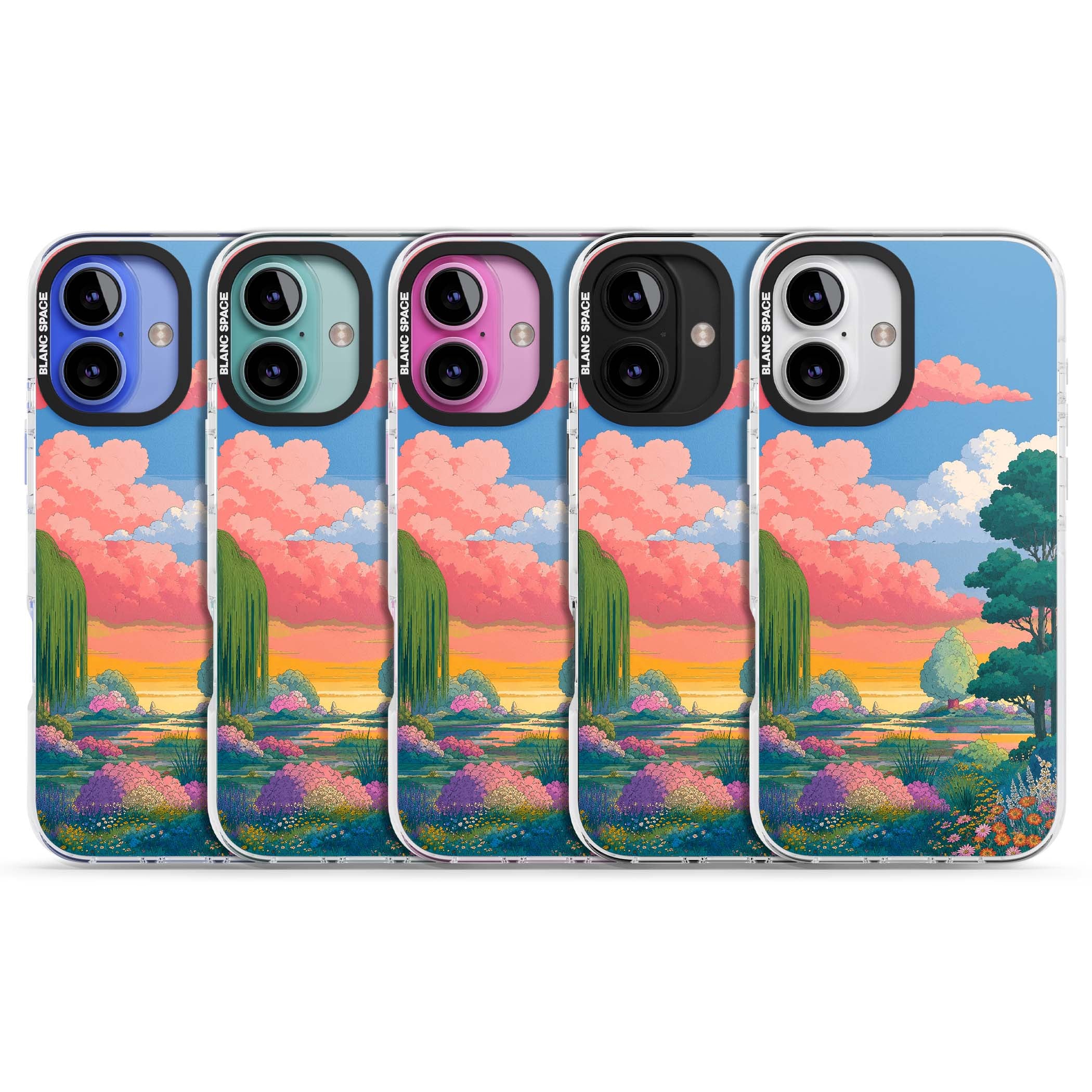 Dream Valley anime landscape iPhone case featuring pink sunset clouds, willow trees and wildflowers | Impact Magsafe case for iPhone 16, iPhone 16 Plus