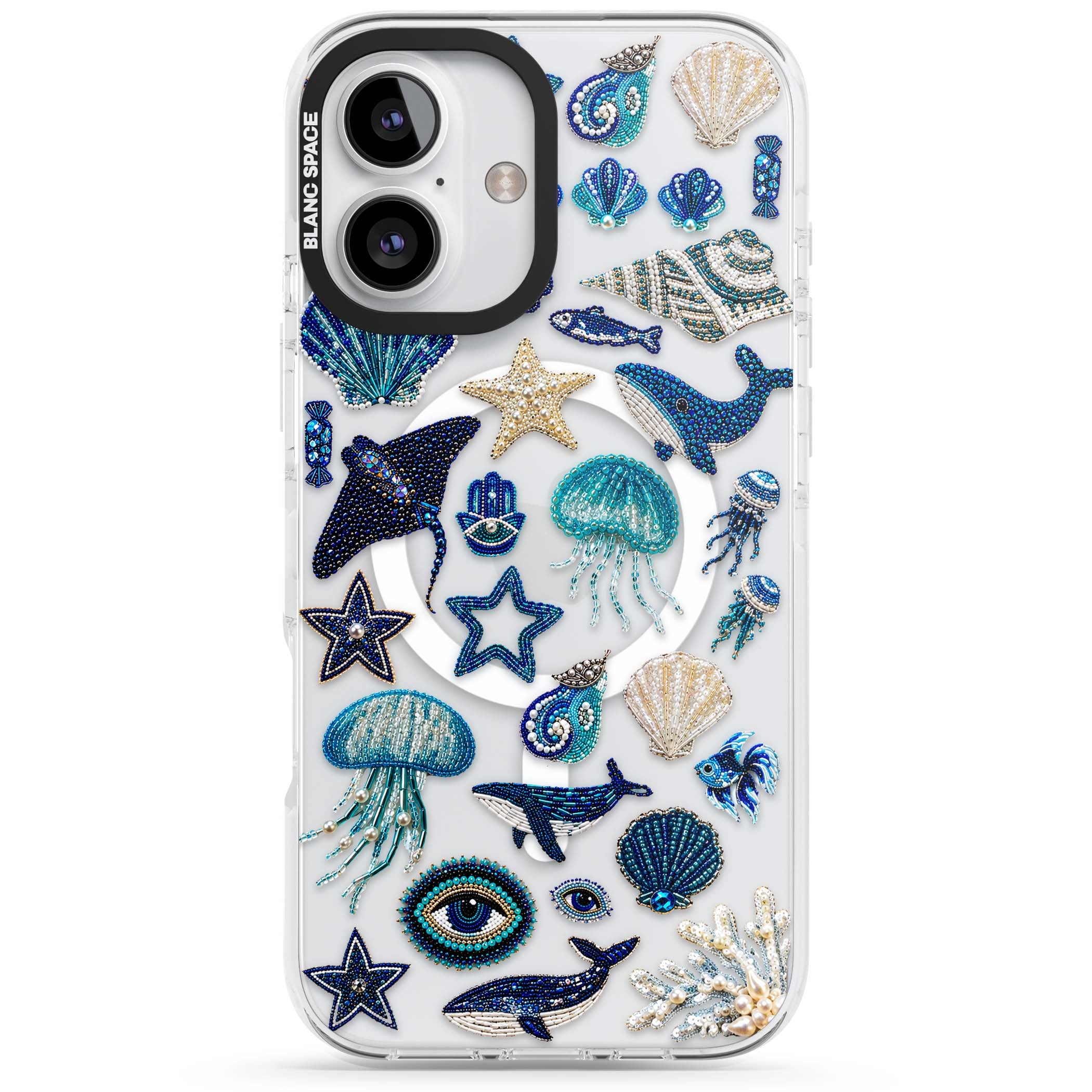 Beaded Coastal coastal iPhone case featuring embroidered seashells, jellyfish and a blue whale on clear | Impact Magsafe case for iPhone 16, iPhone 16 Plus