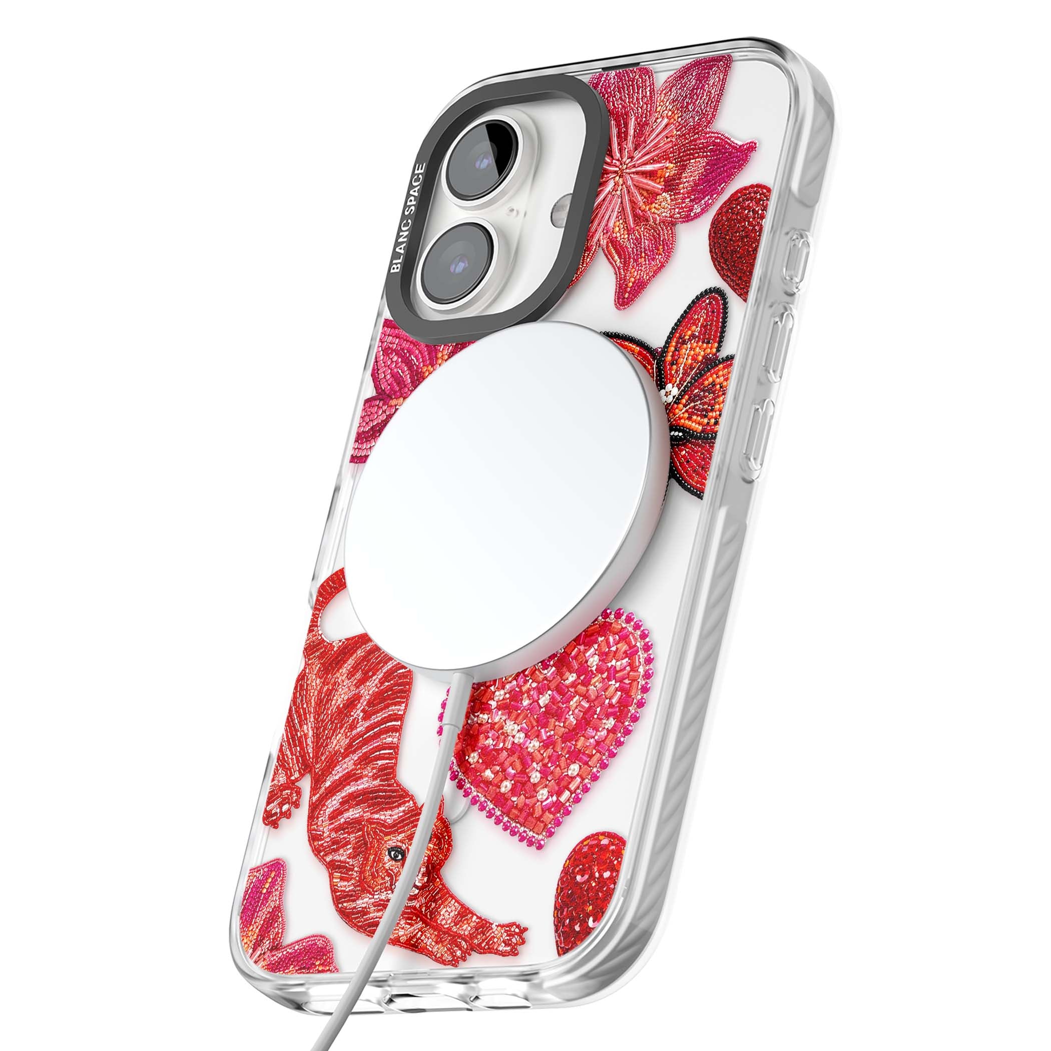Beaded Boho floral iPhone case featuring beaded red lilies, a stitched tiger, and pearl-encrusted hearts on clear | Impact Magsafe case for iPhone 16, iPhone 16 Plus